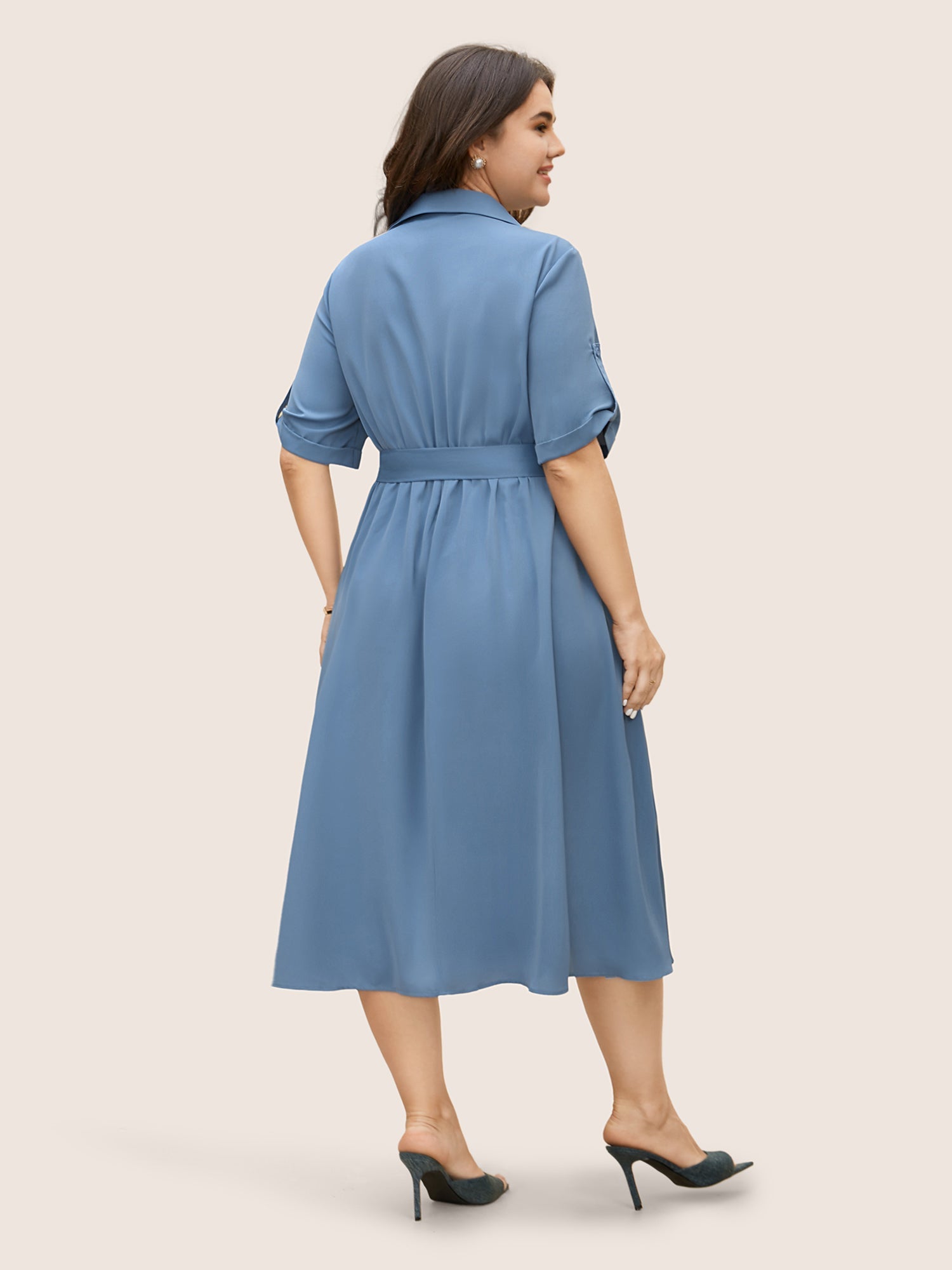 Shirt Collar Tab Sleeve Split Hem Dress
