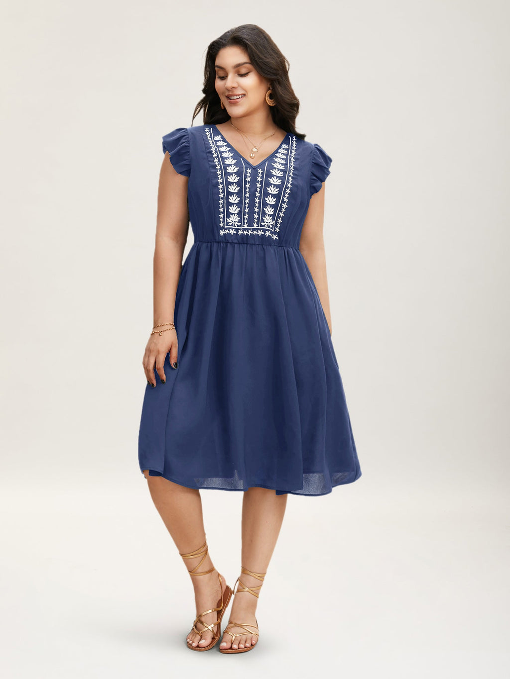 Floral Embroidered V Neck Ruffle Cap Sleeve Dress