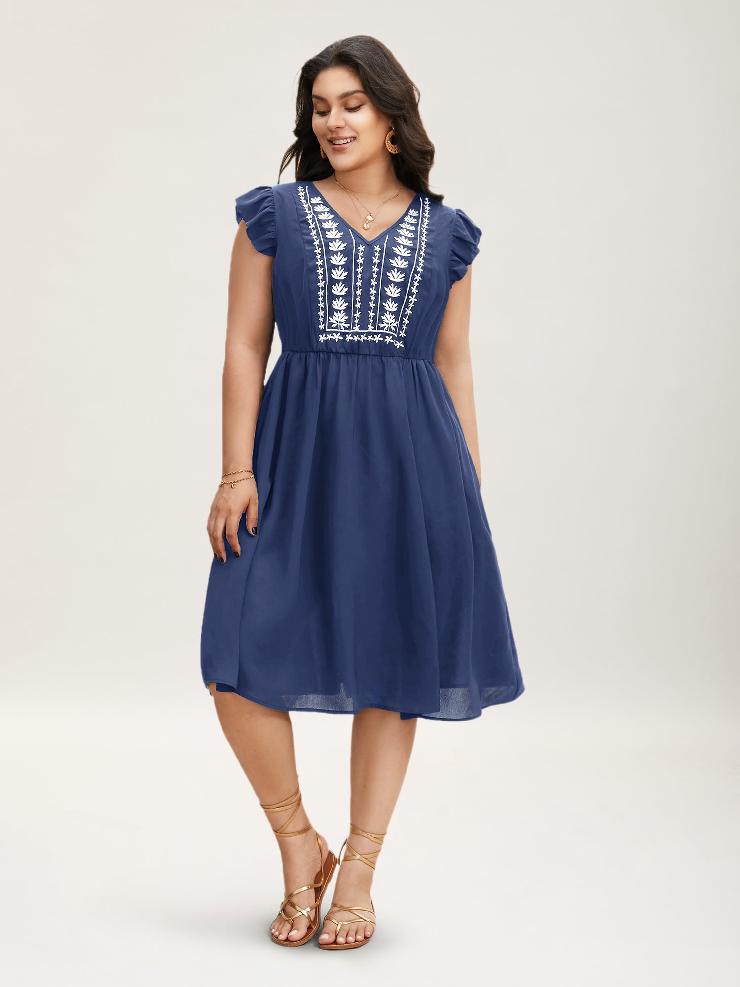 Floral Embroidered V Neck Ruffle Cap Sleeve Dress