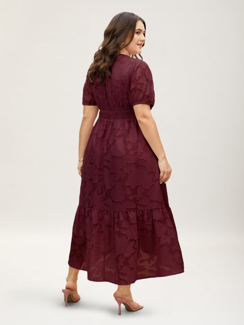 Solid Textured Lantern Sleeve Button Detail Dress
