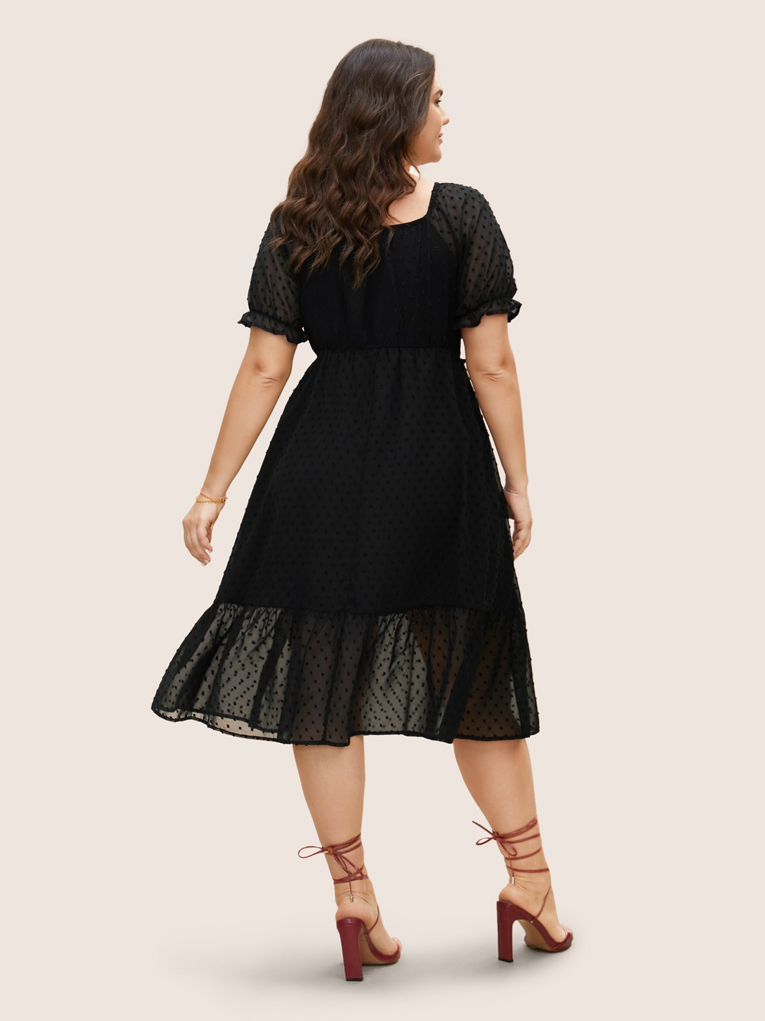 Polka Dot Textured Mesh Shirred Drawstring Dress