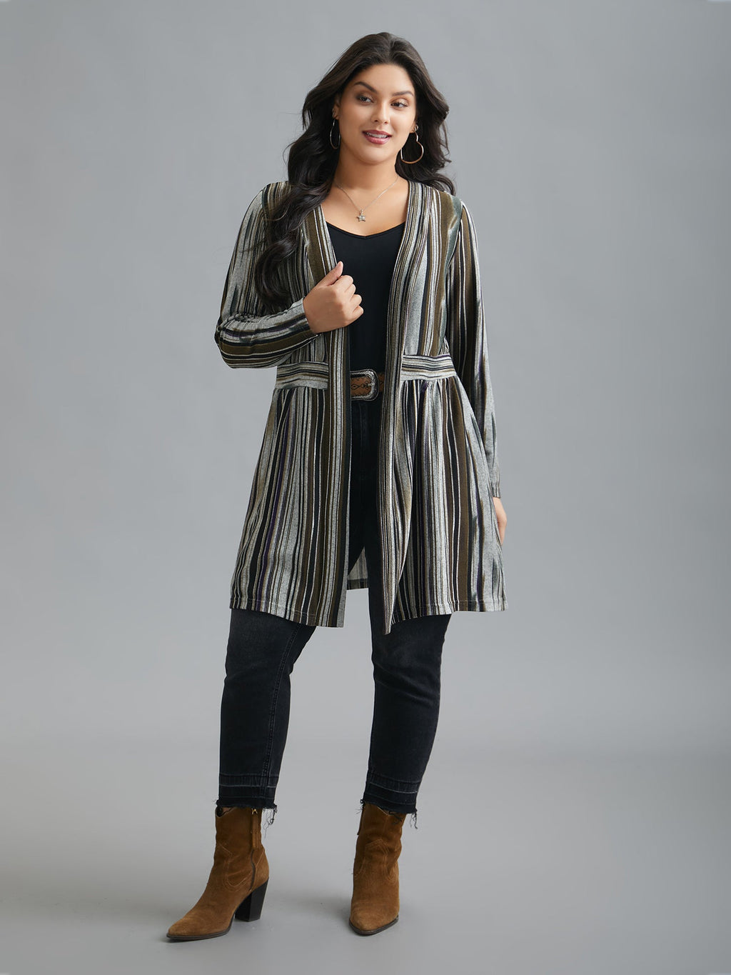 Colored Striped Open Front Waist Defining Jacket
