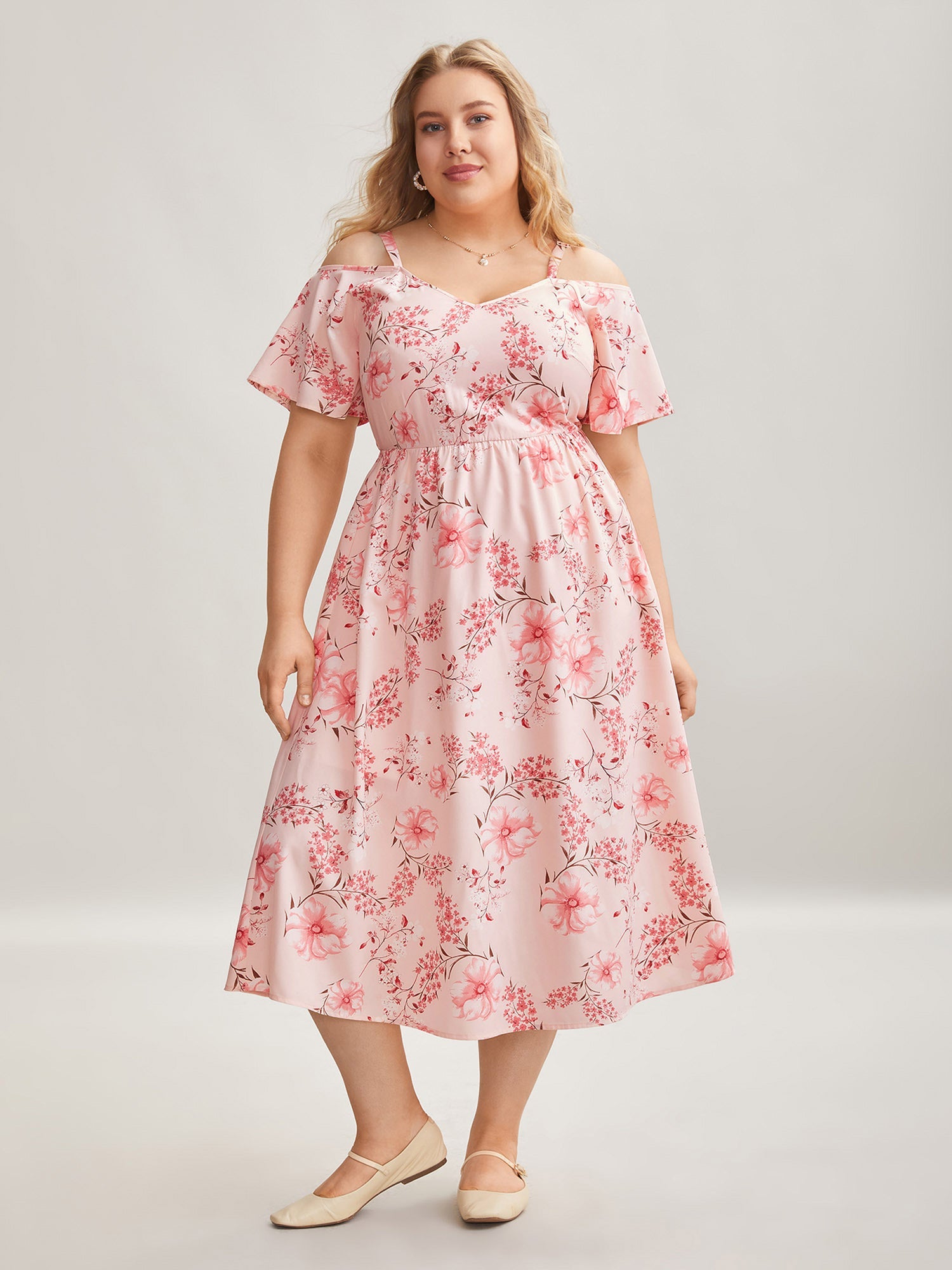 Floral Print Cold-Shoulder Pockets Midi Dress