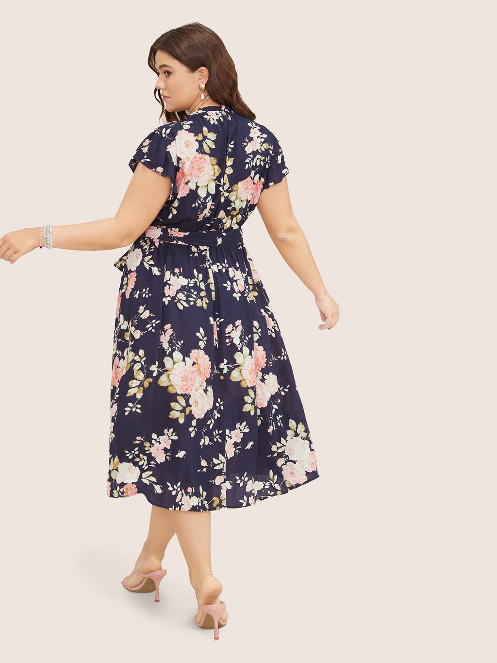 Floral Frill Trim Mock Neck Pocket Ruffle Belted Cap Sleeve Dress