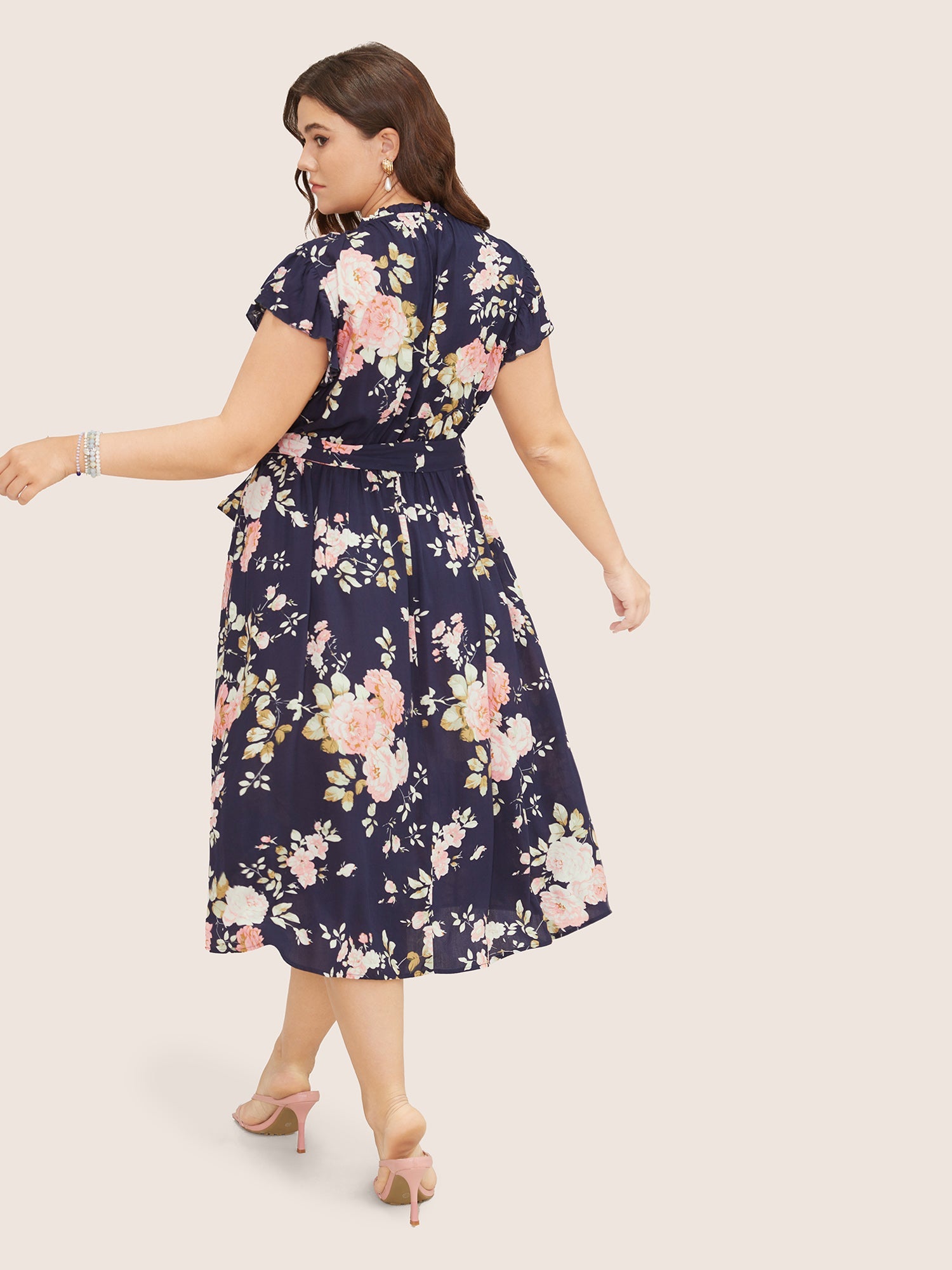 Floral Frill Trim Mock Neck Pocket Ruffle Belted Cap Sleeve Dress