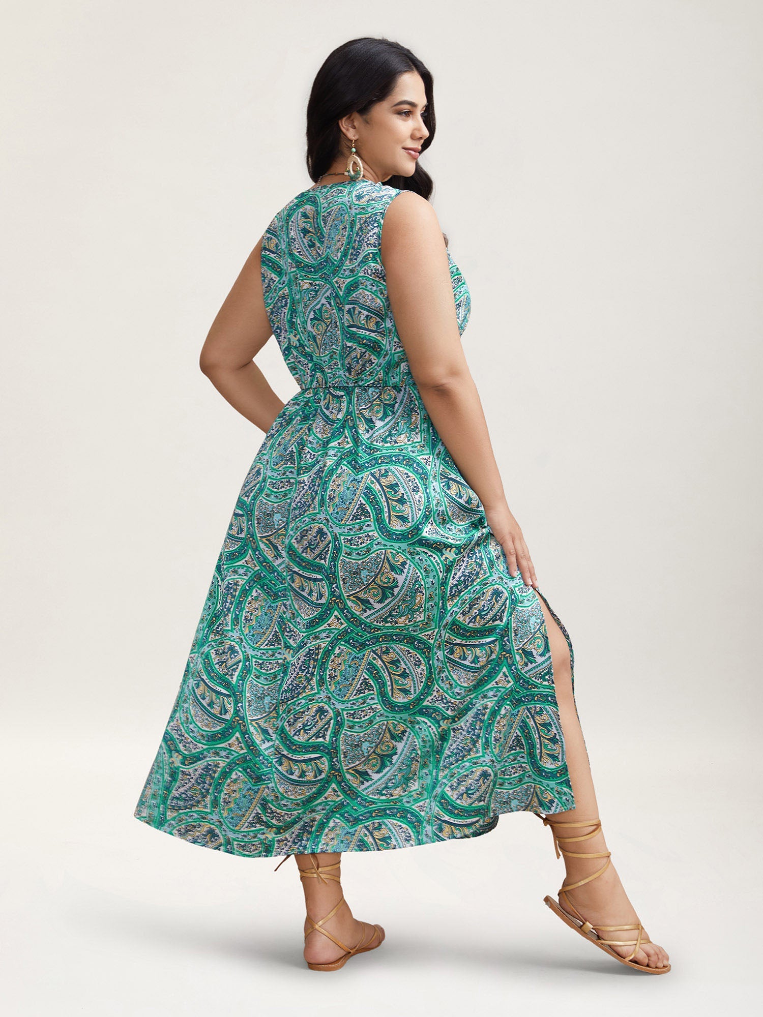 Paisley Print Off-Sleeve V-Neck Midi Dress