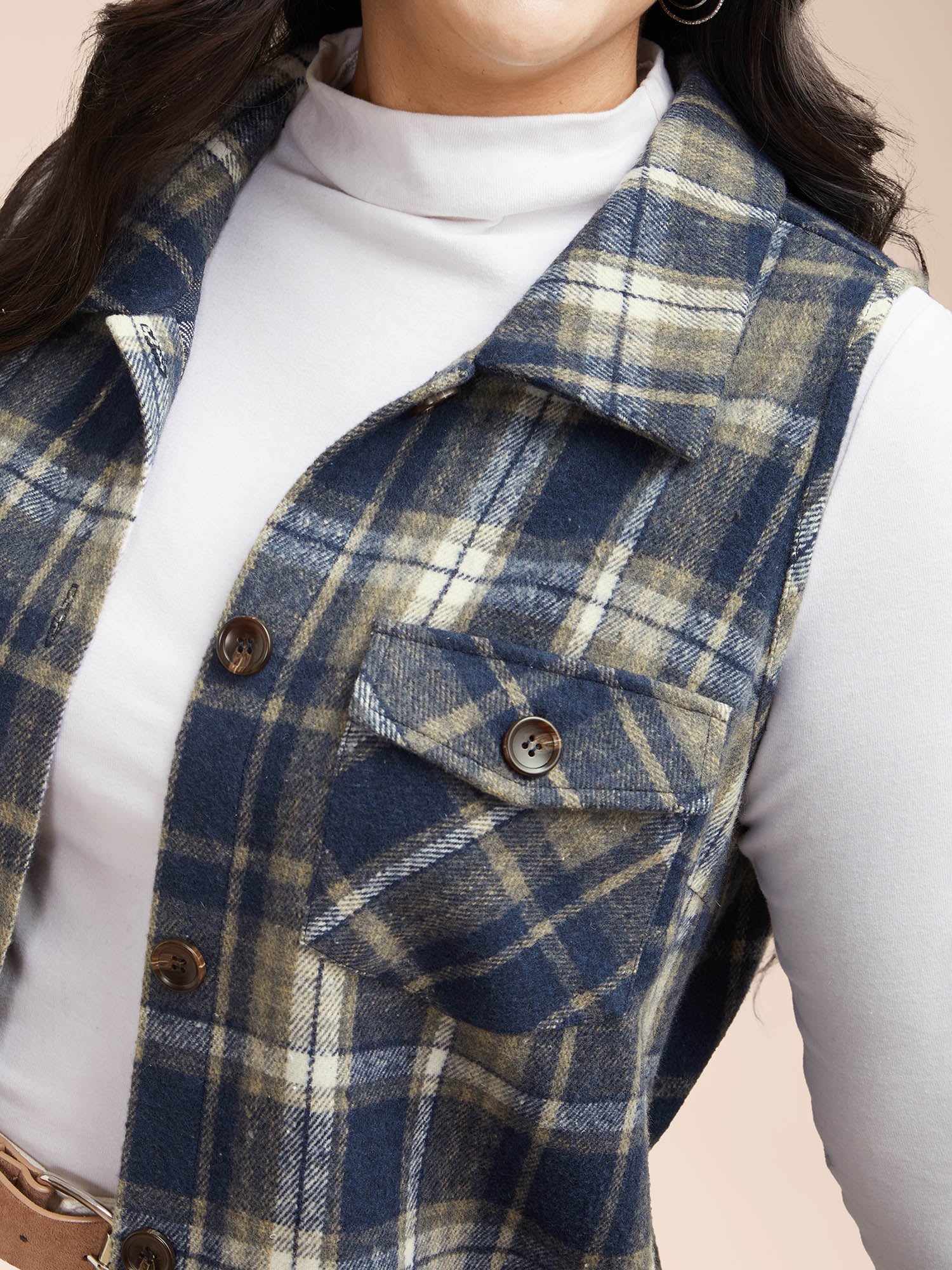 Plaid Flap Detail Sleeveless Jacket