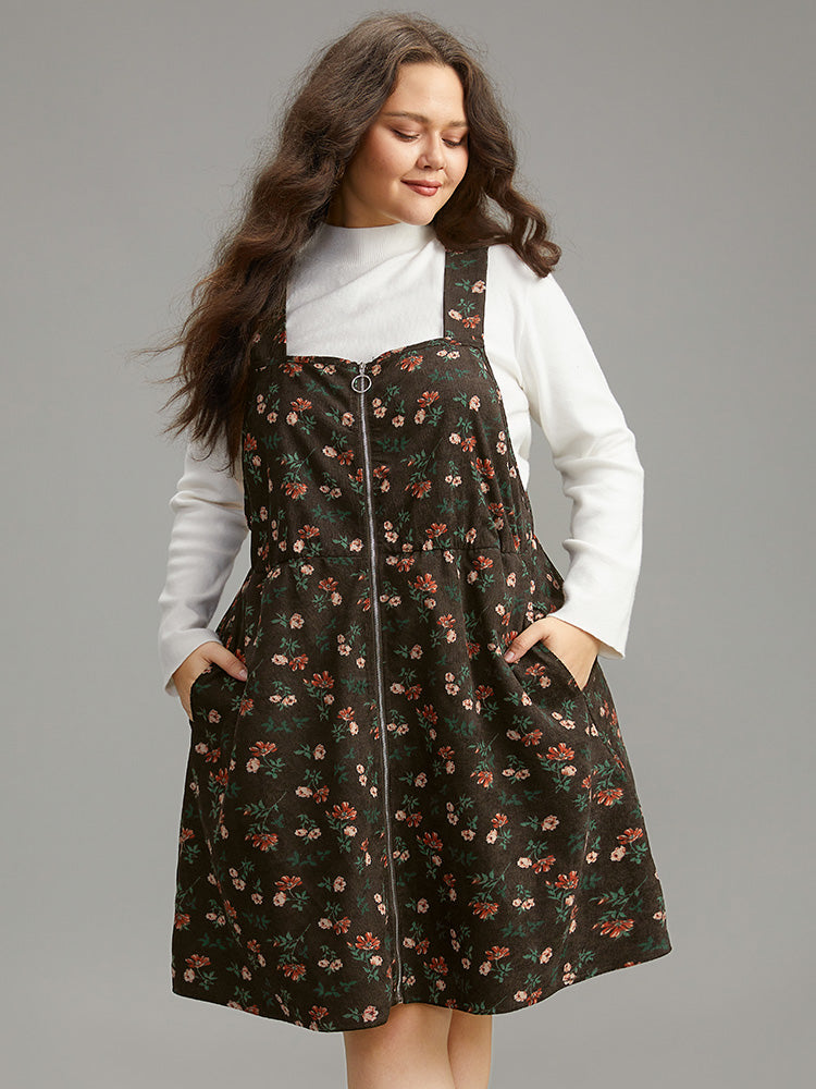 Ditsy Floral Corduroy Pocket Zipper Fly Cami Dress