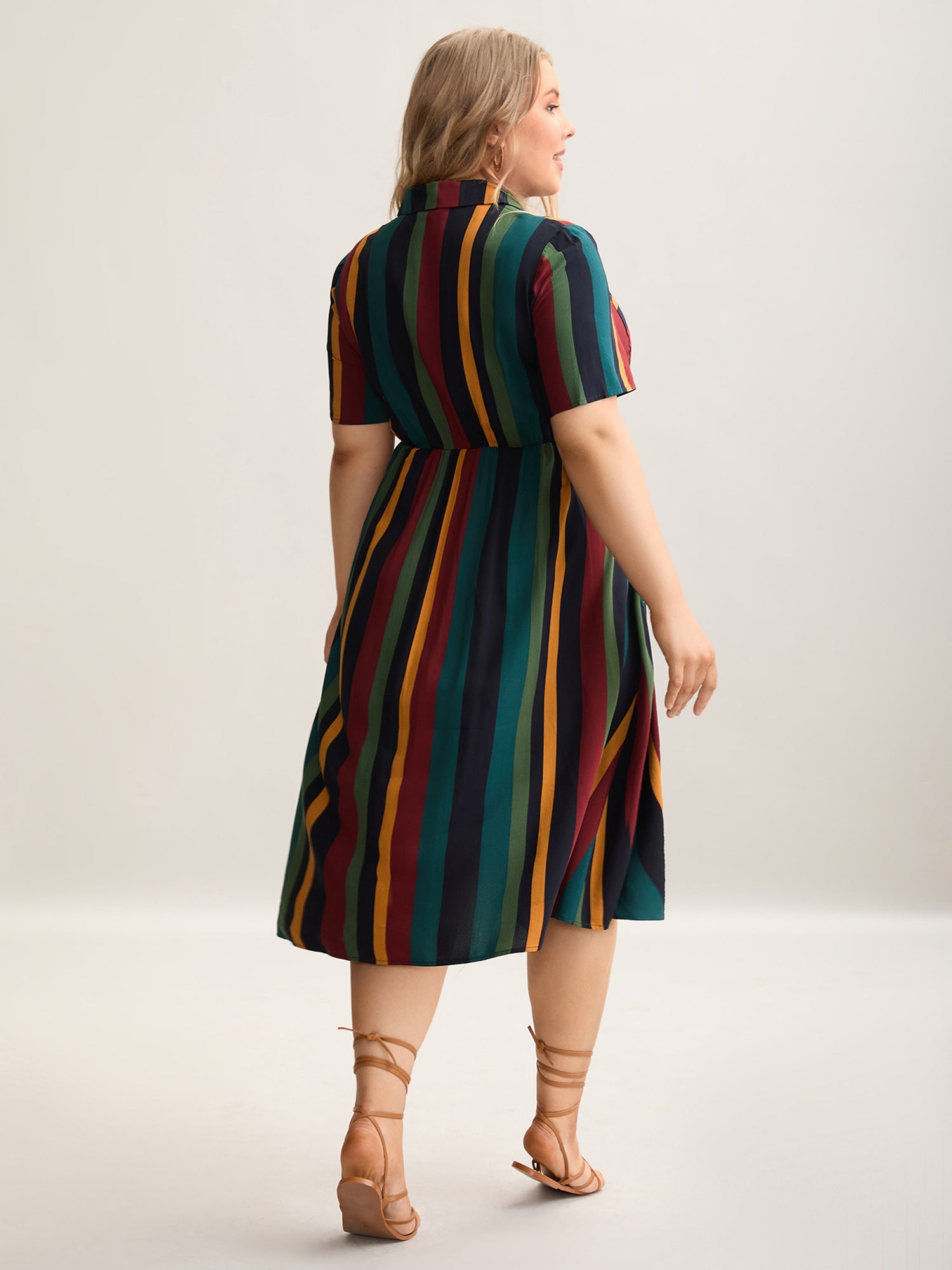 Multi-Color Striped Print Pockets Shirt Dress