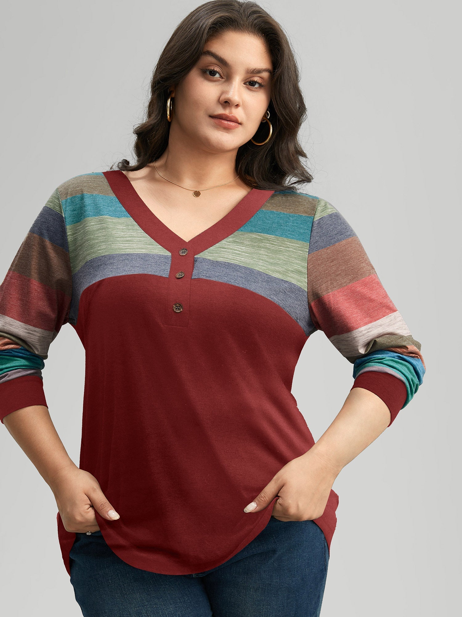 Colorblock Contrast V Neck Button Up T-shirt