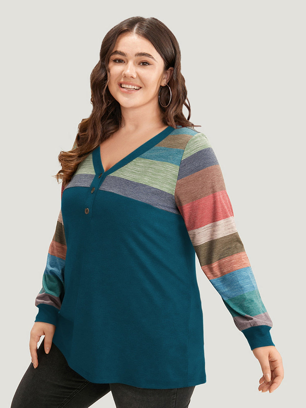 Colorblock Contrast V Neck Button Up T-shirt