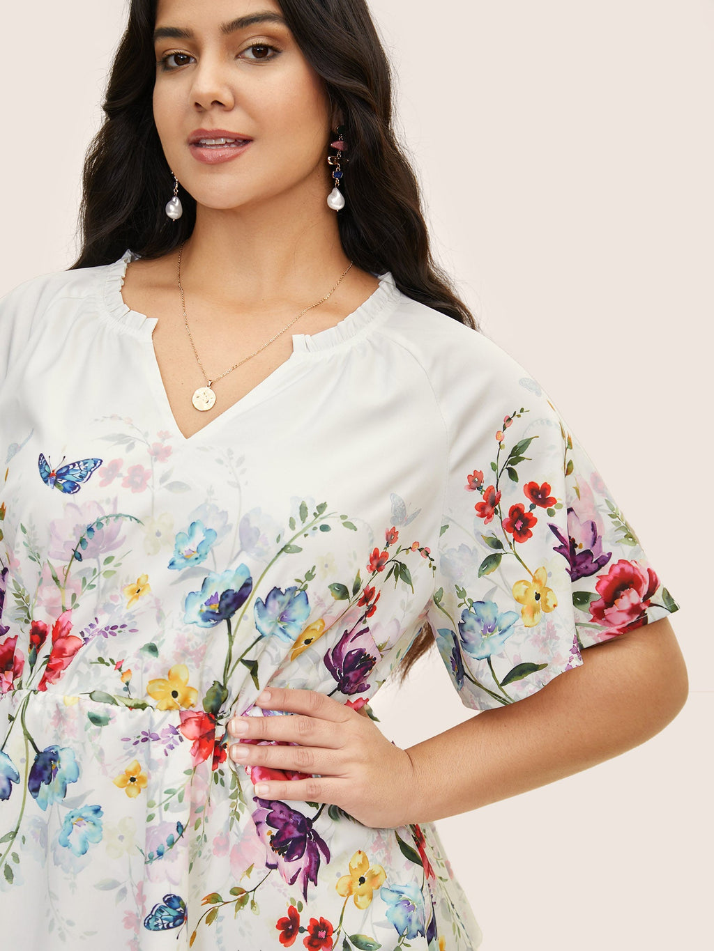Floral Flat Collar With V Notch Frill Trim Blouse