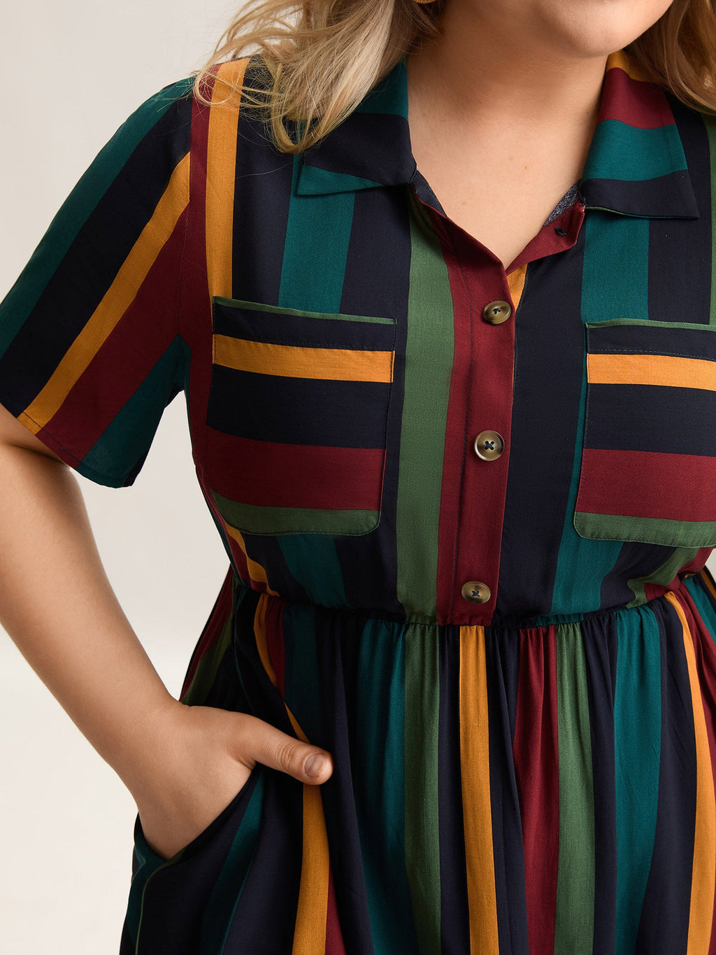 Multi-Color Striped Print Pockets Shirt Dress
