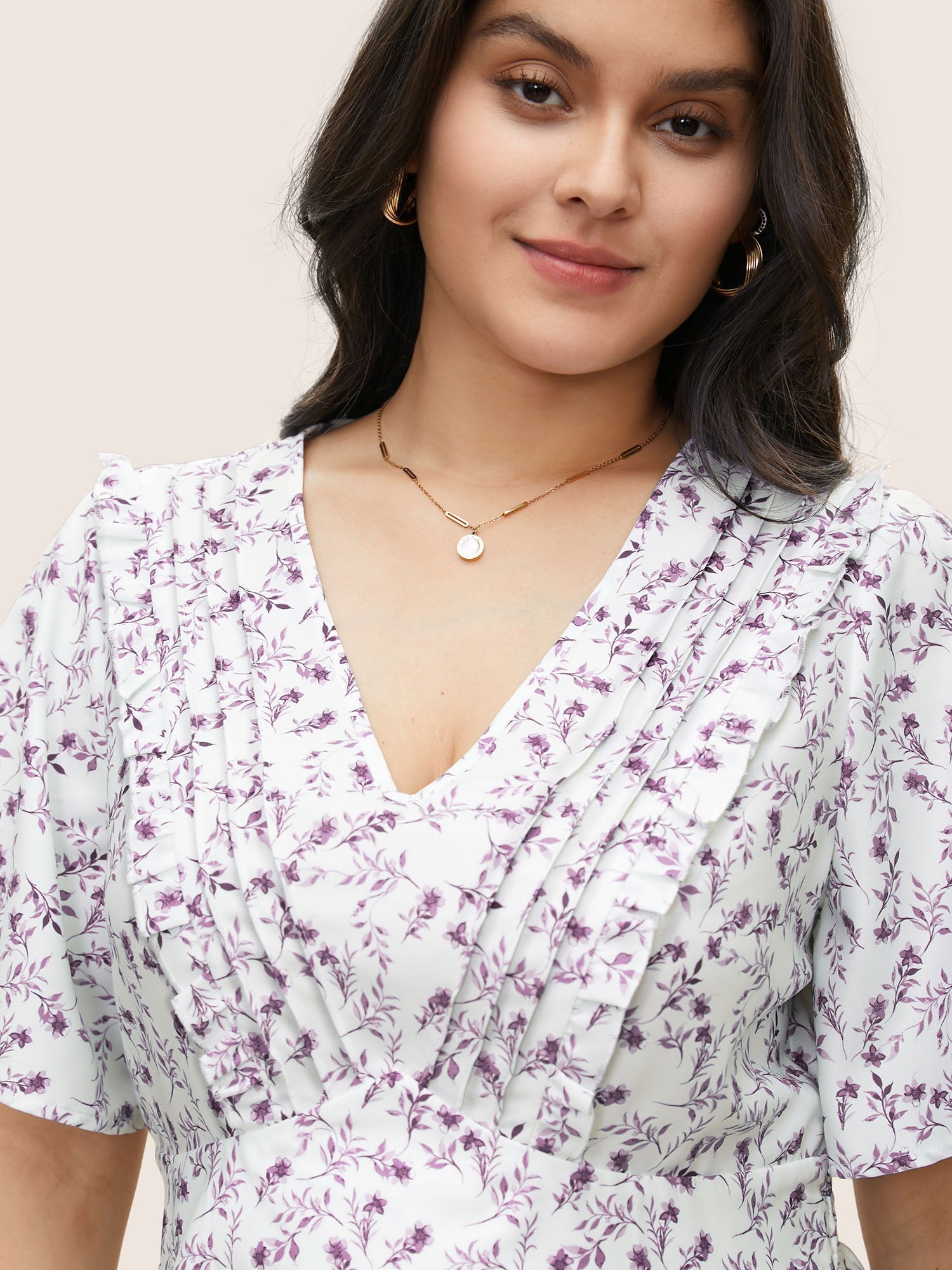 Floral Pleated Elastic Waist Ruffle Sleeve Blouse