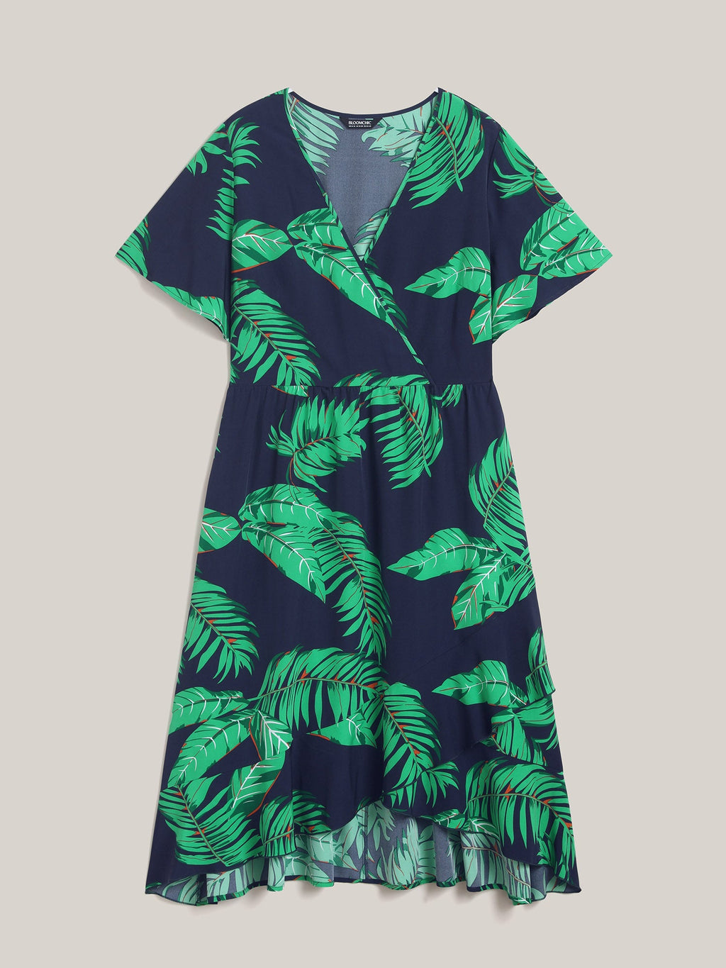 Tropical Leaf Print Surplice Neck Midi Dress