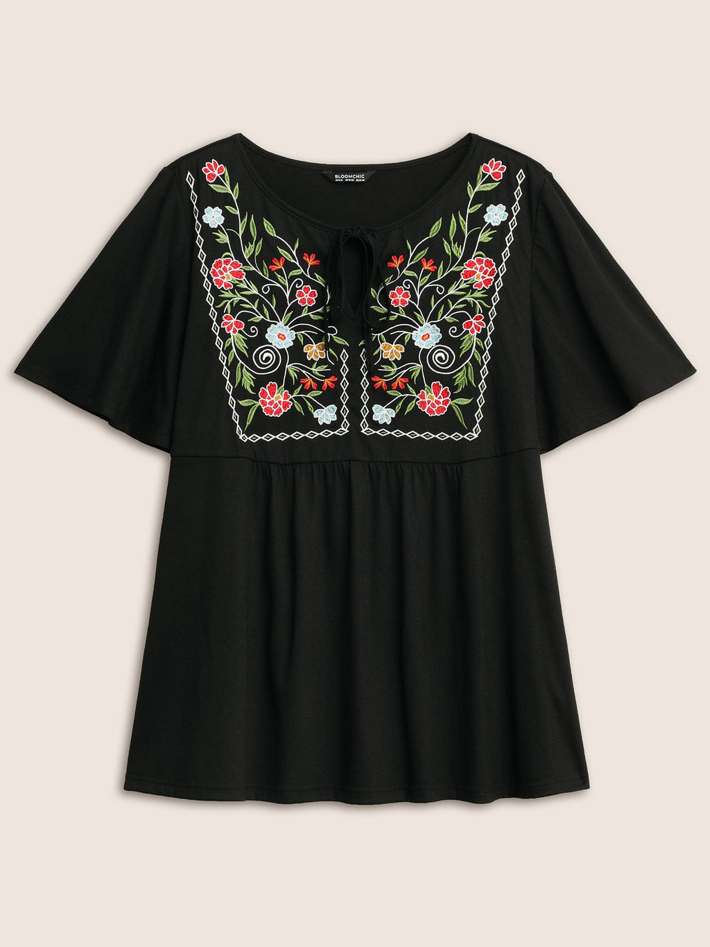 Floral Embroidered Tie Knot Gathered T-shirt