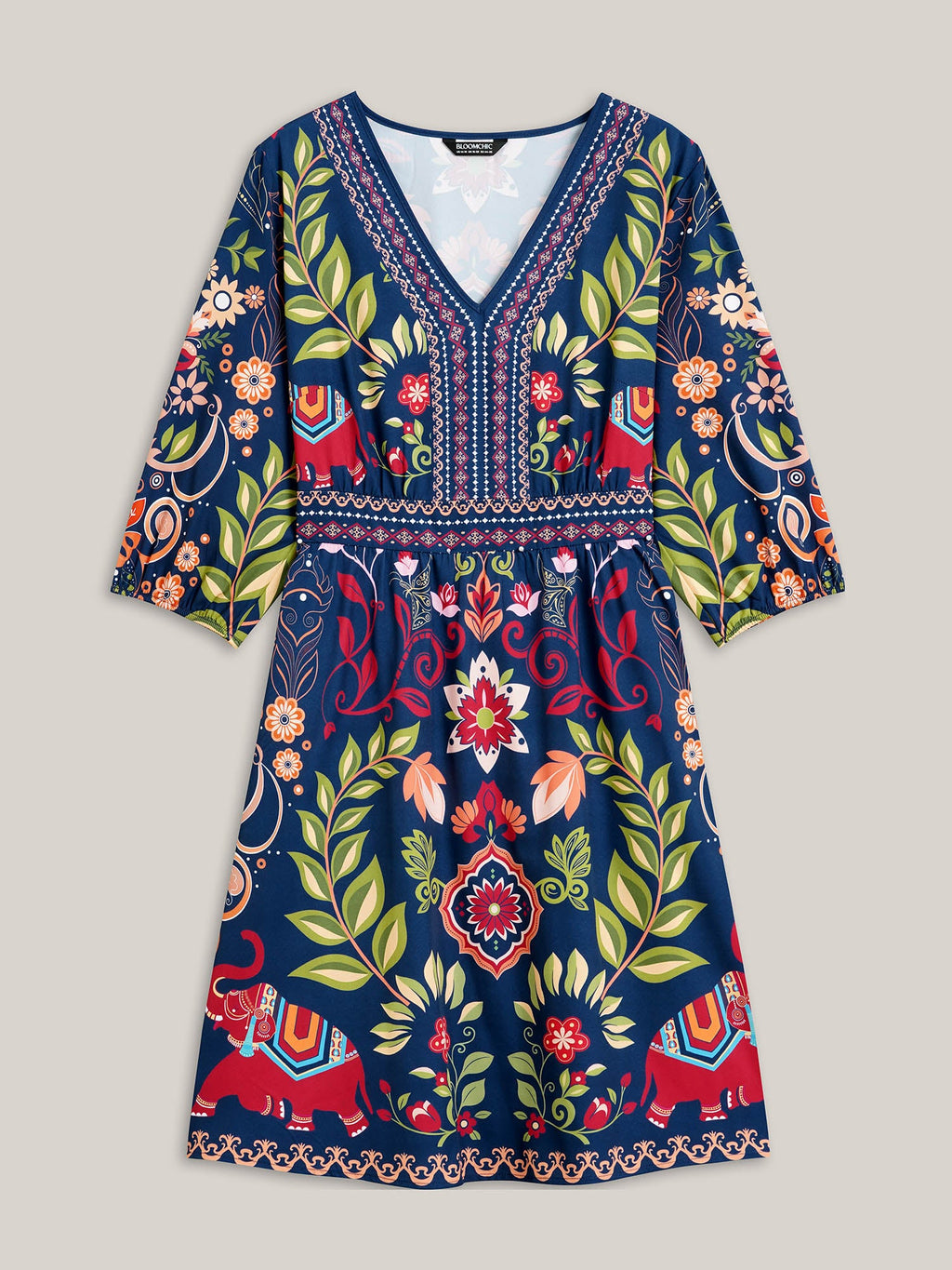 Boho Print V-Neck Pockets Midi Dress