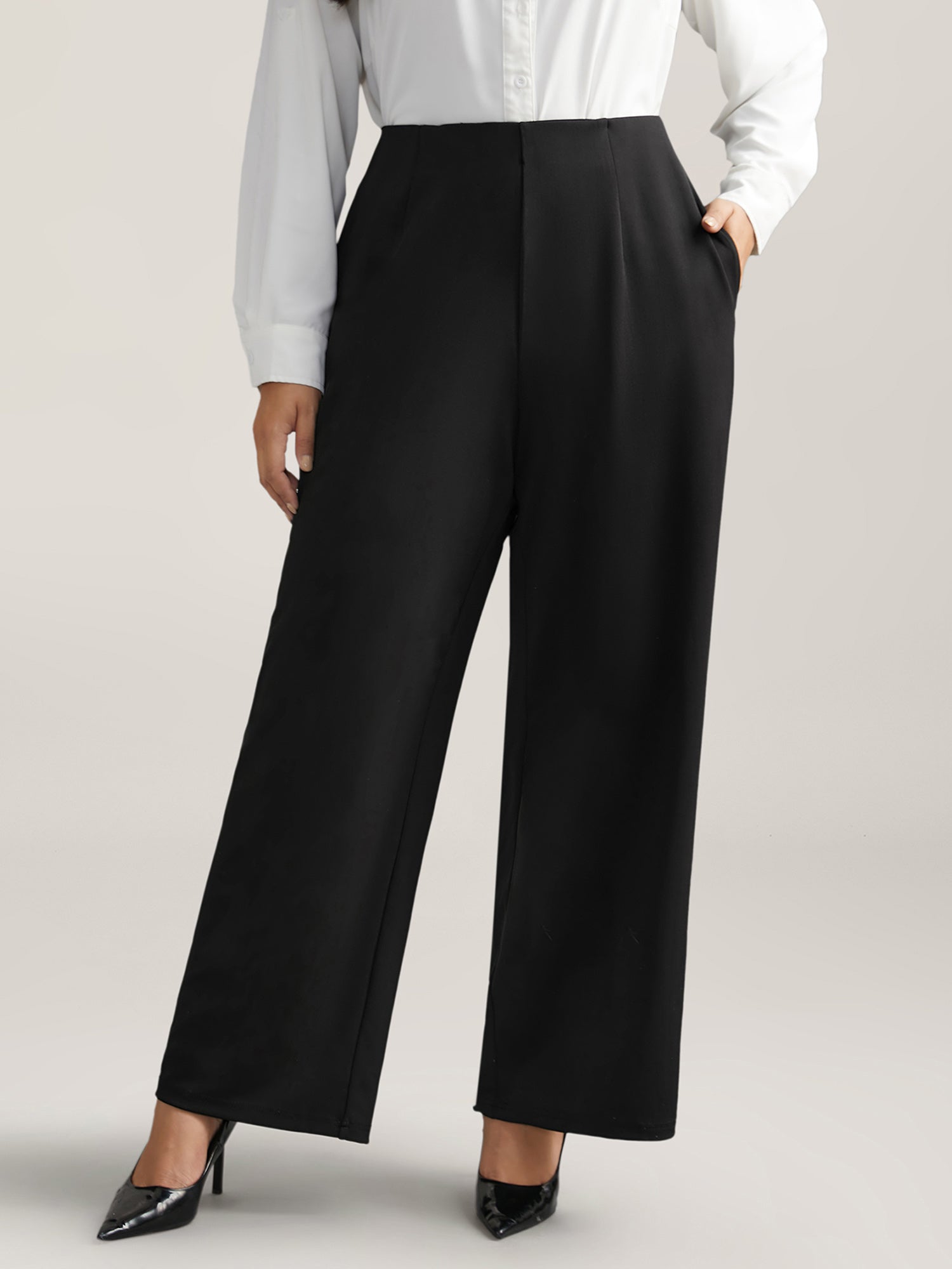 Solid Elastic Waist Pleated Wide Leg Pants