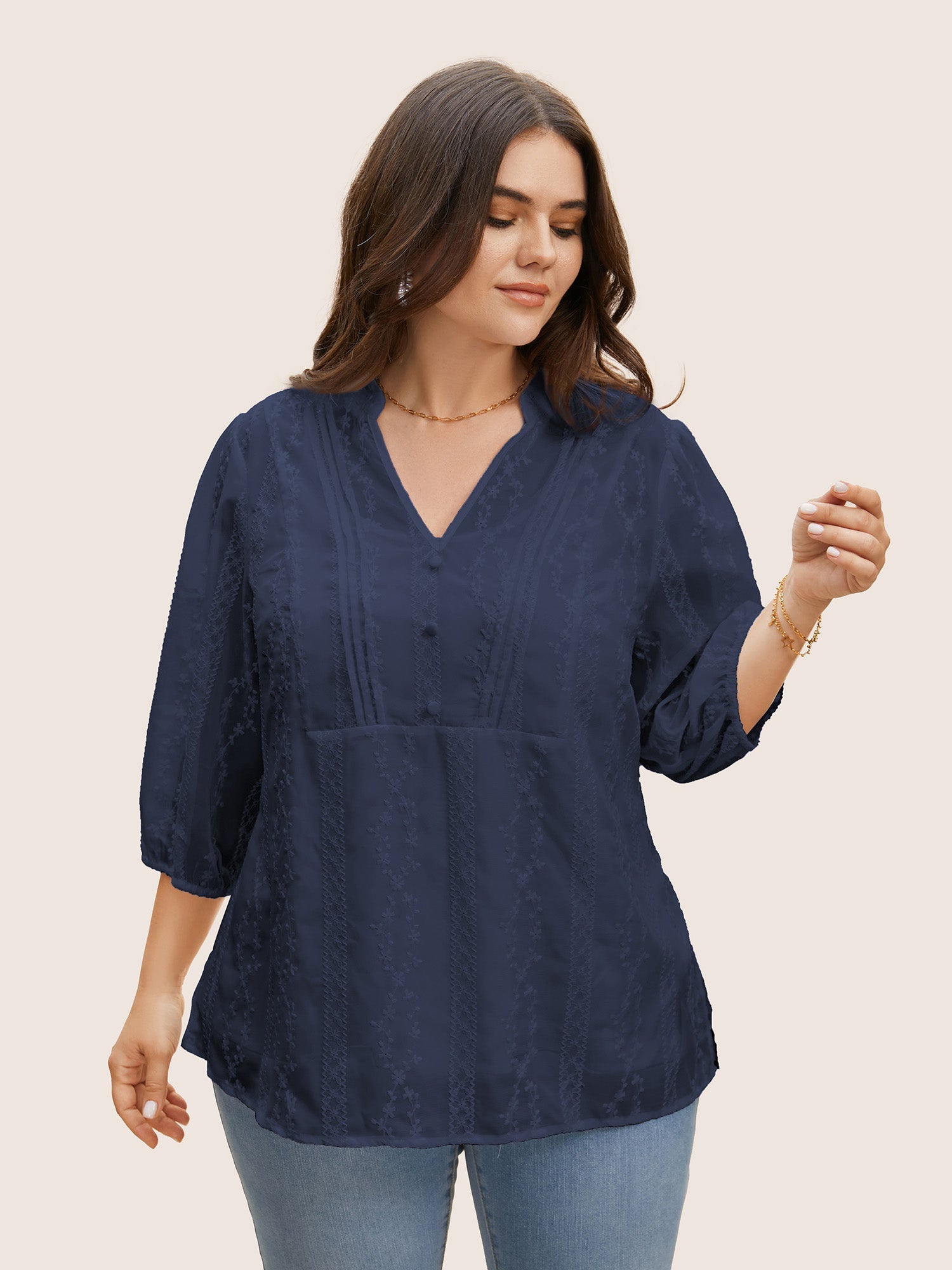 Texture Mesh Button Detail Tucked Seam Blouse