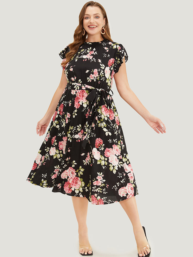 Floral Frill Trim Mock Neck Pocket Ruffle Belted Cap Sleeve Dress