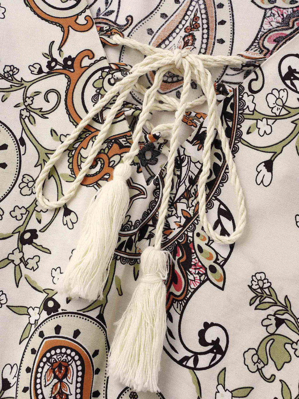 Boho Print Tie Knot Tassels Crisscross Blouse