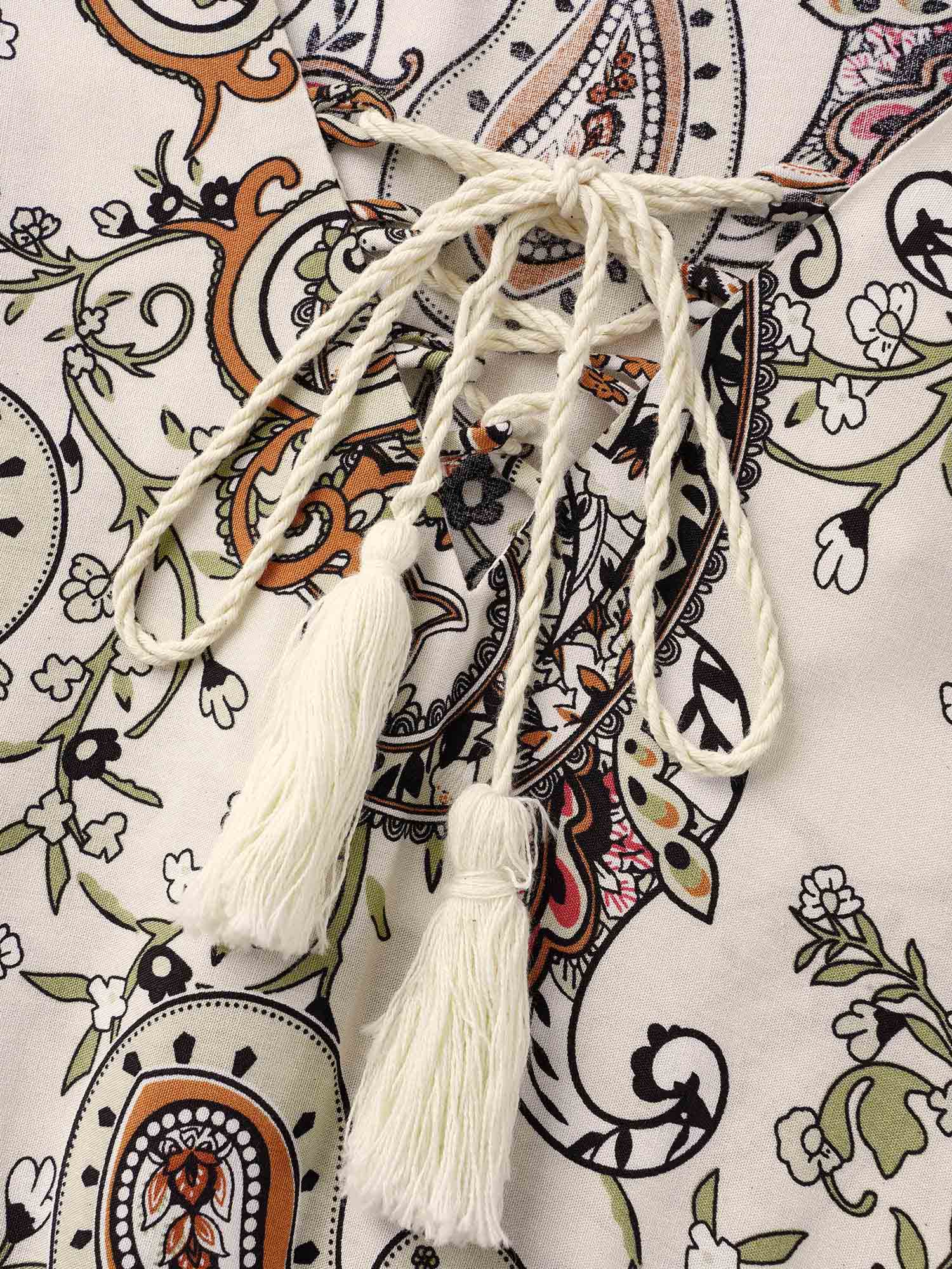 Boho Print Tie Knot Tassels Crisscross Blouse