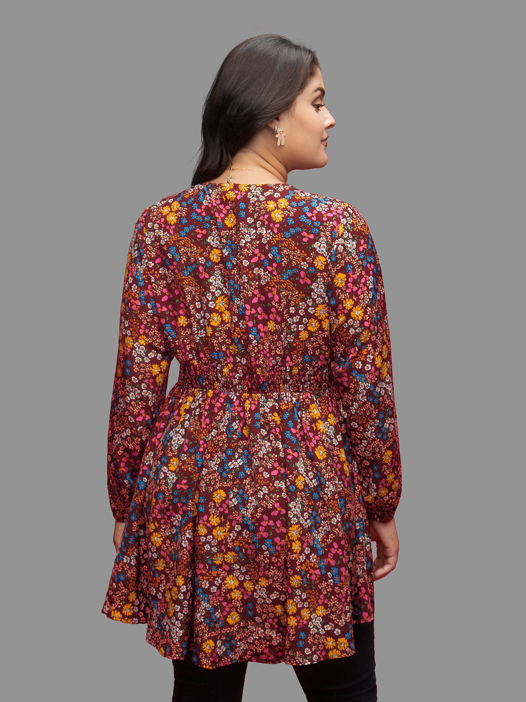 Floral Smocked Waistline Surplice Neck Blouse