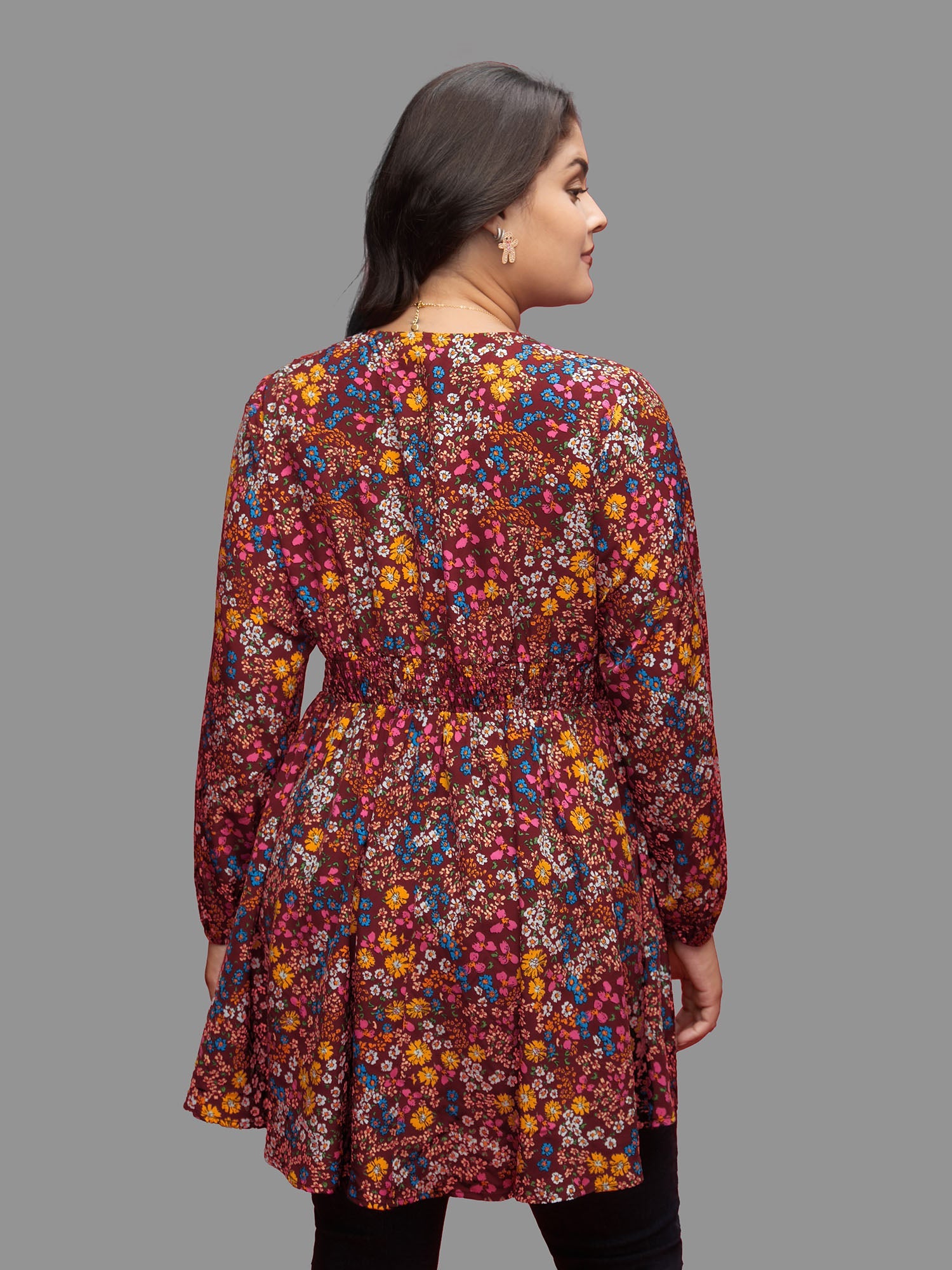 Floral Smocked Waistline Surplice Neck Blouse