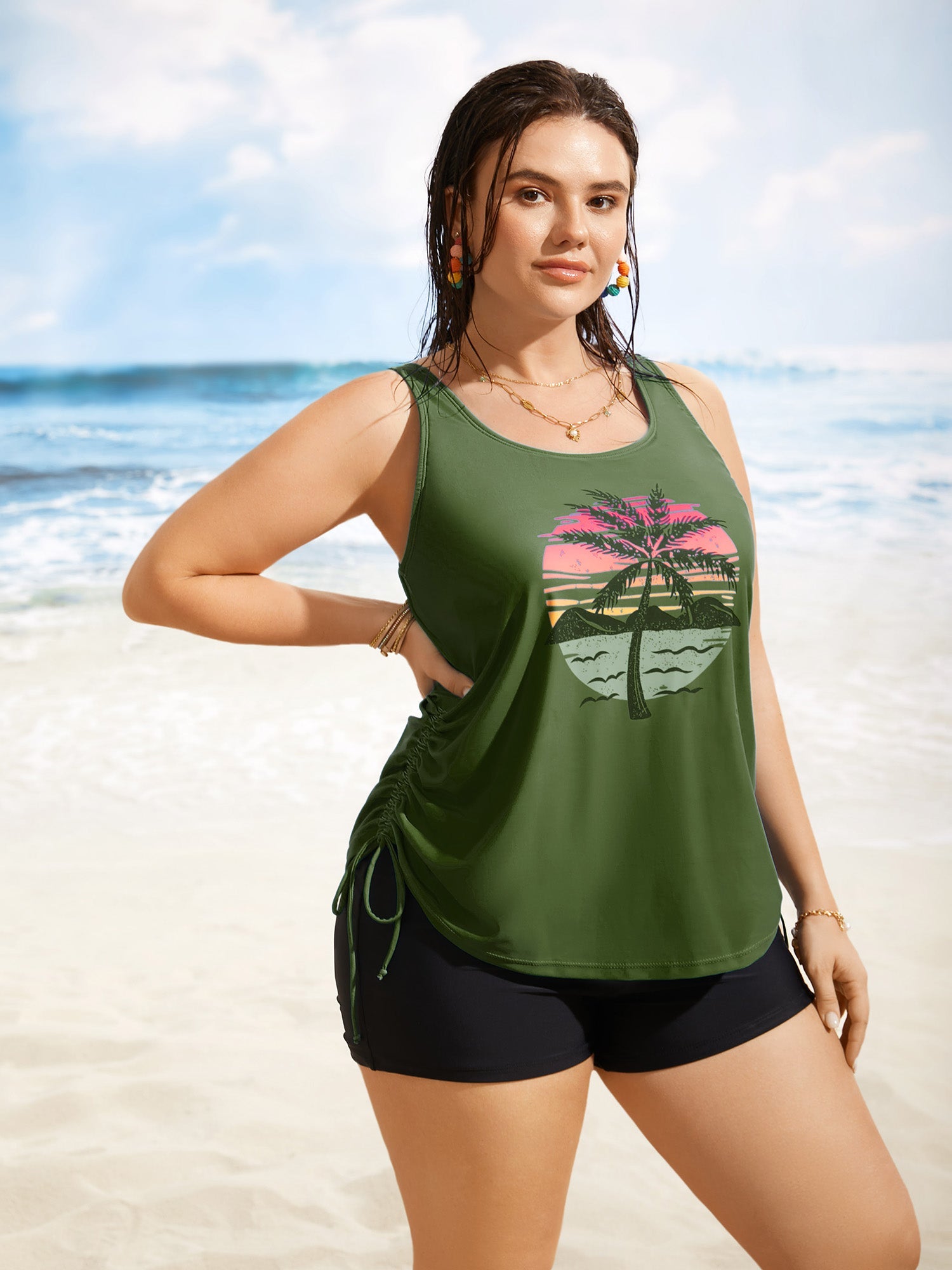 Island Print Drawstring Adjustable Swim Top