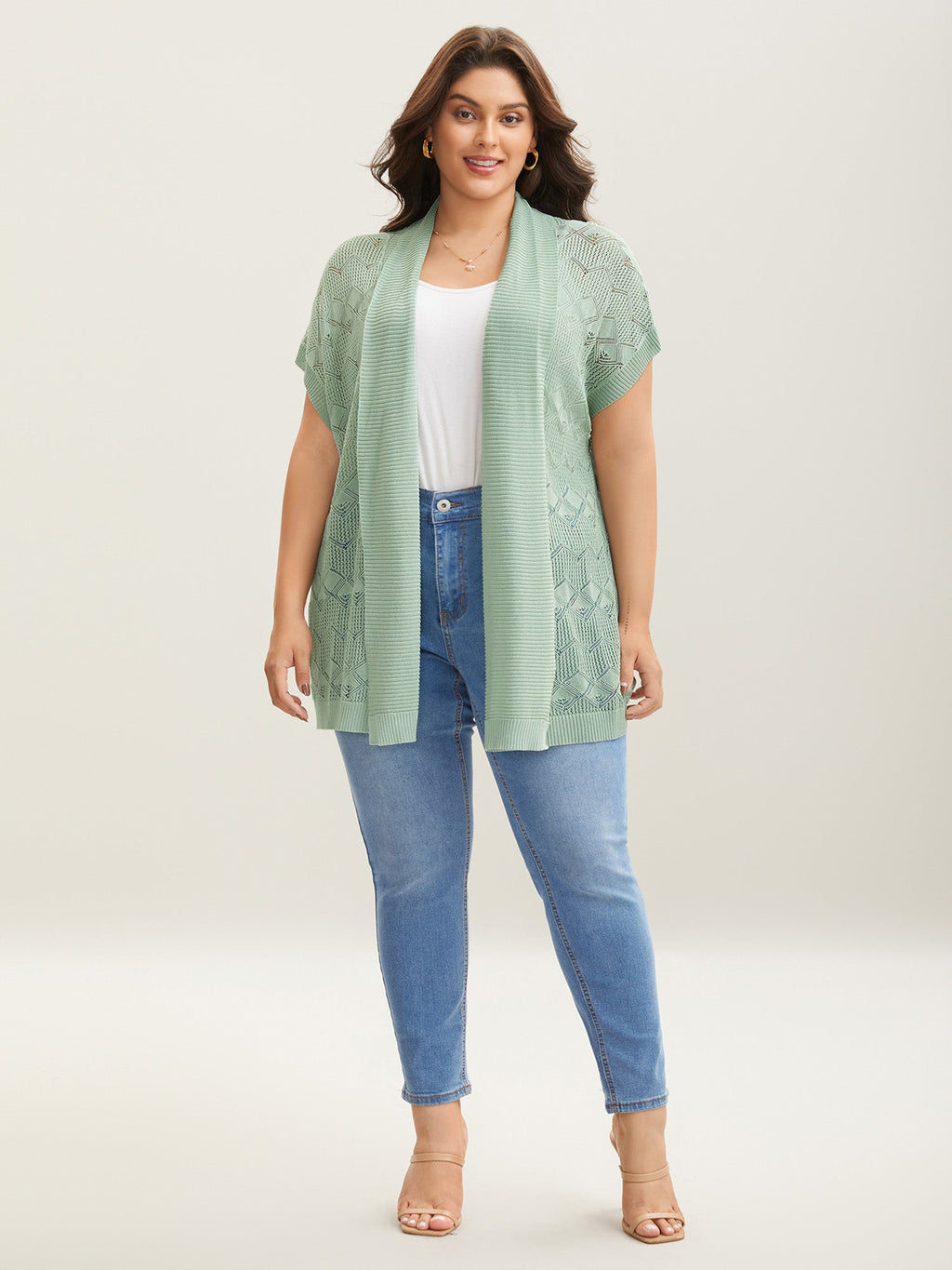 Eyelet Trim Folded Collar Knit Cardigan