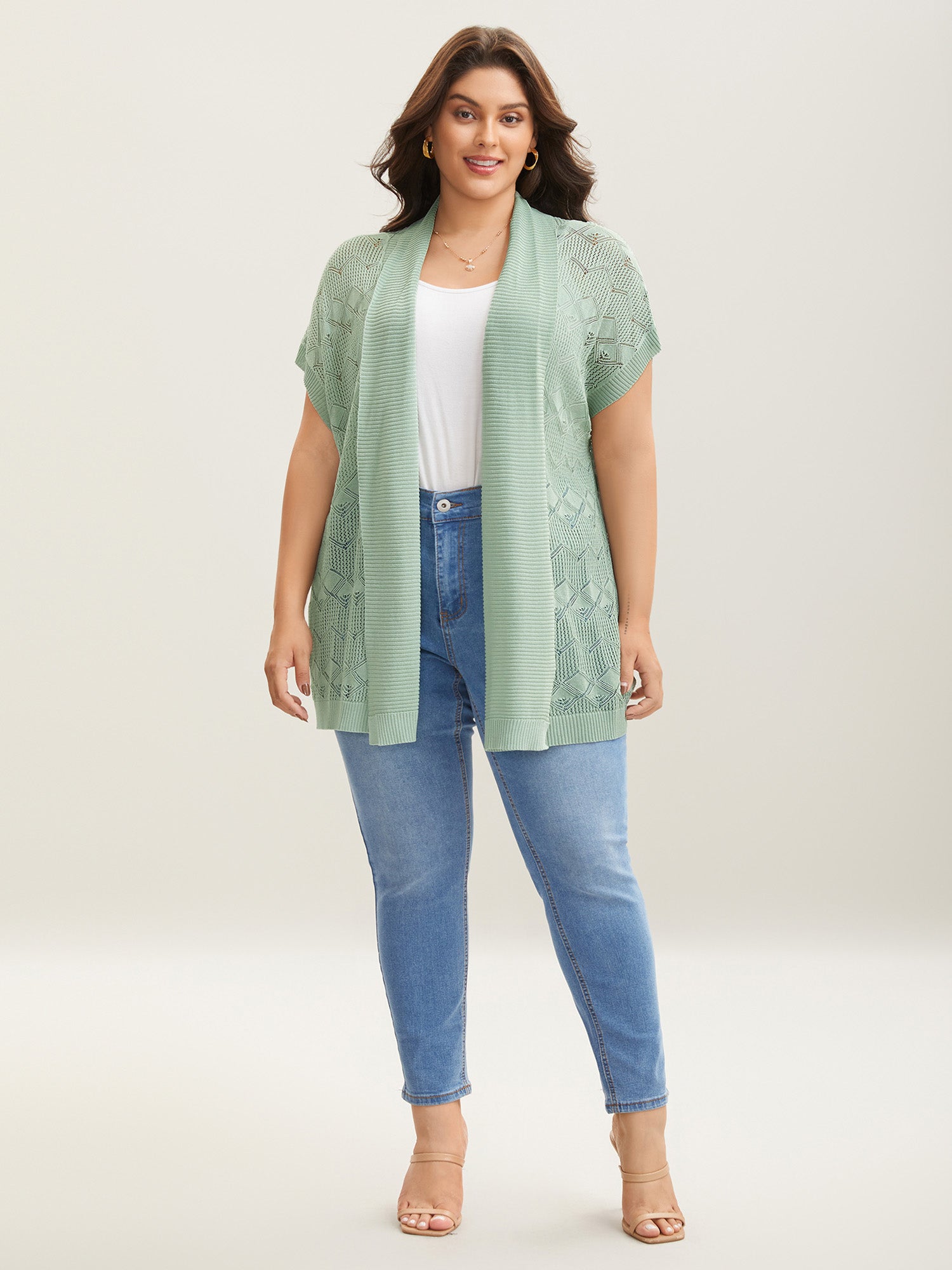 Eyelet Trim Folded Collar Knit Cardigan