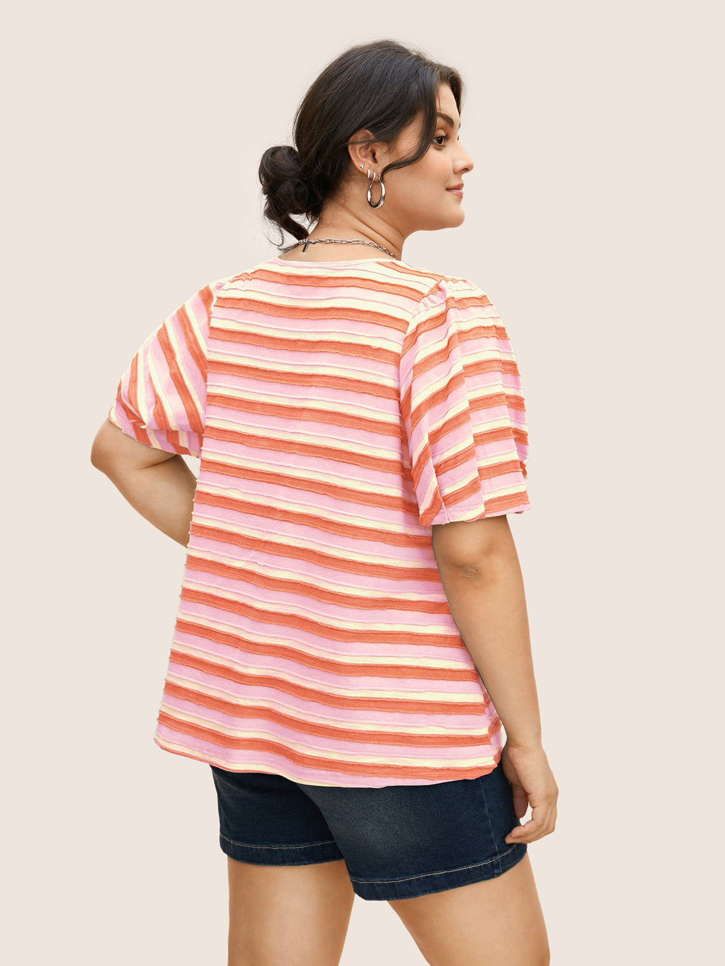 V Neck Textured Striped Tie Knot T-shirt