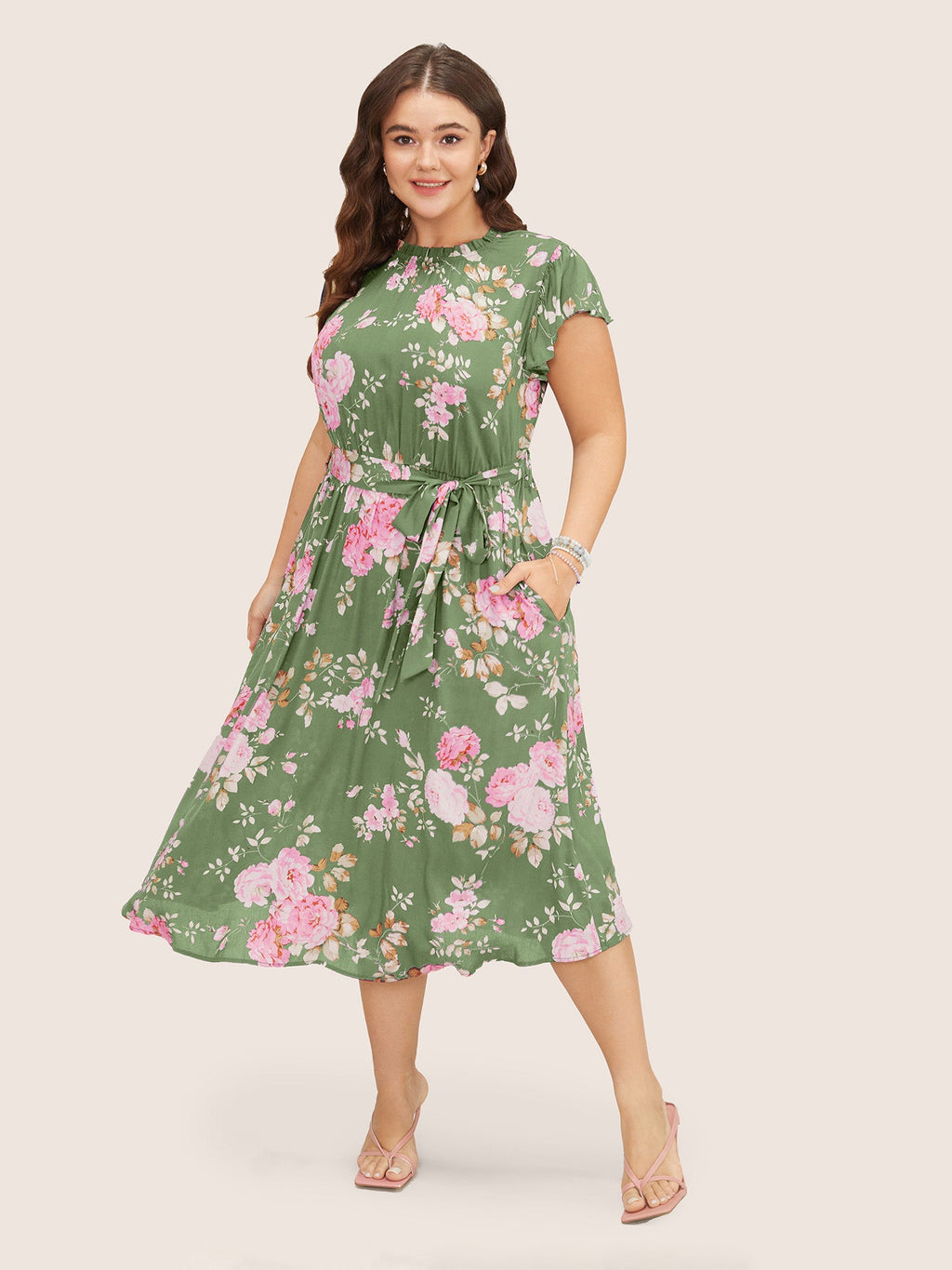 Floral Frill Trim Mock Neck Pocket Ruffle Belted Cap Sleeve Dress