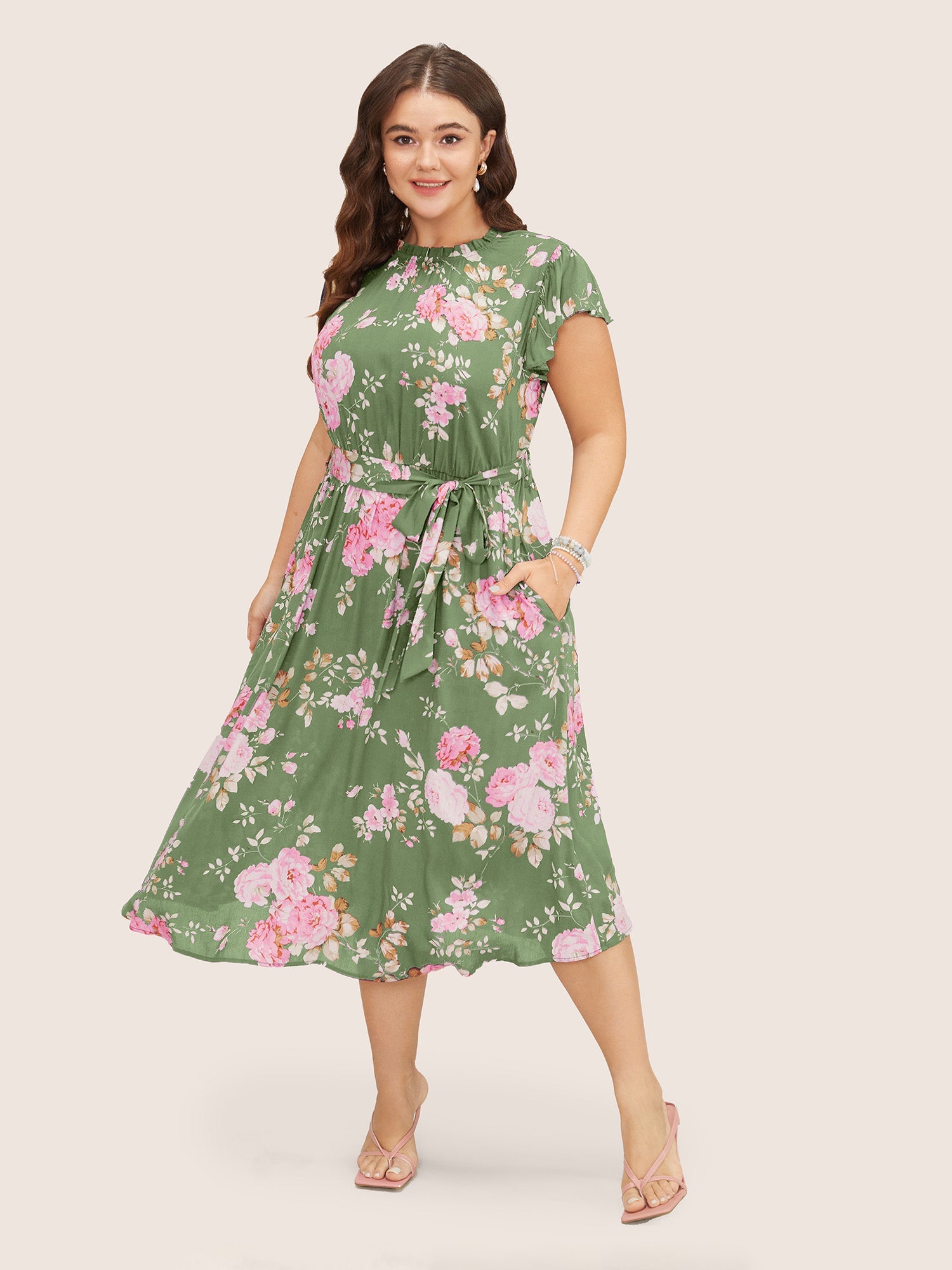 Floral Frill Trim Mock Neck Pocket Ruffle Belted Cap Sleeve Dress