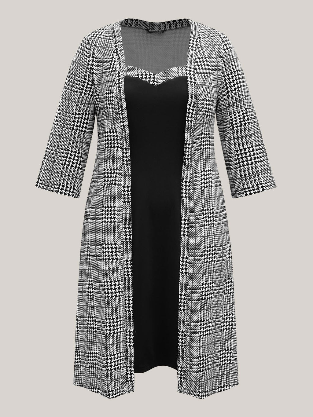 Houndstooth Print Waist-Cinched Patchwork Midi Dress