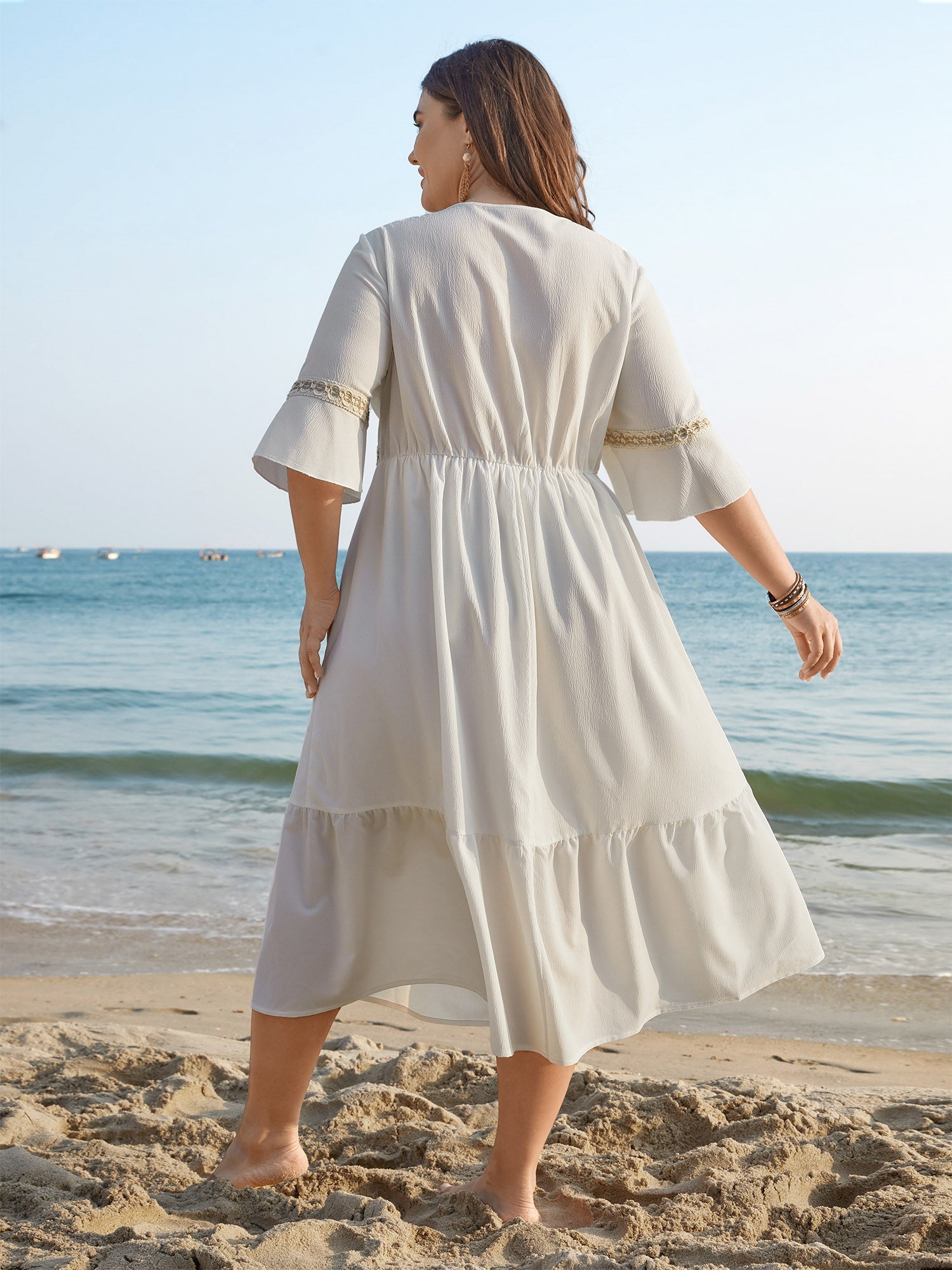 Tassel Textured Stretchy Waist Pockets Midi Dress