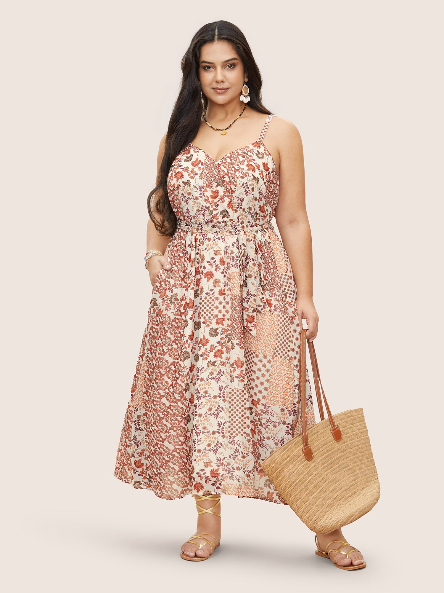 Chiffon Boho Print Wrap Belted Cami Dress