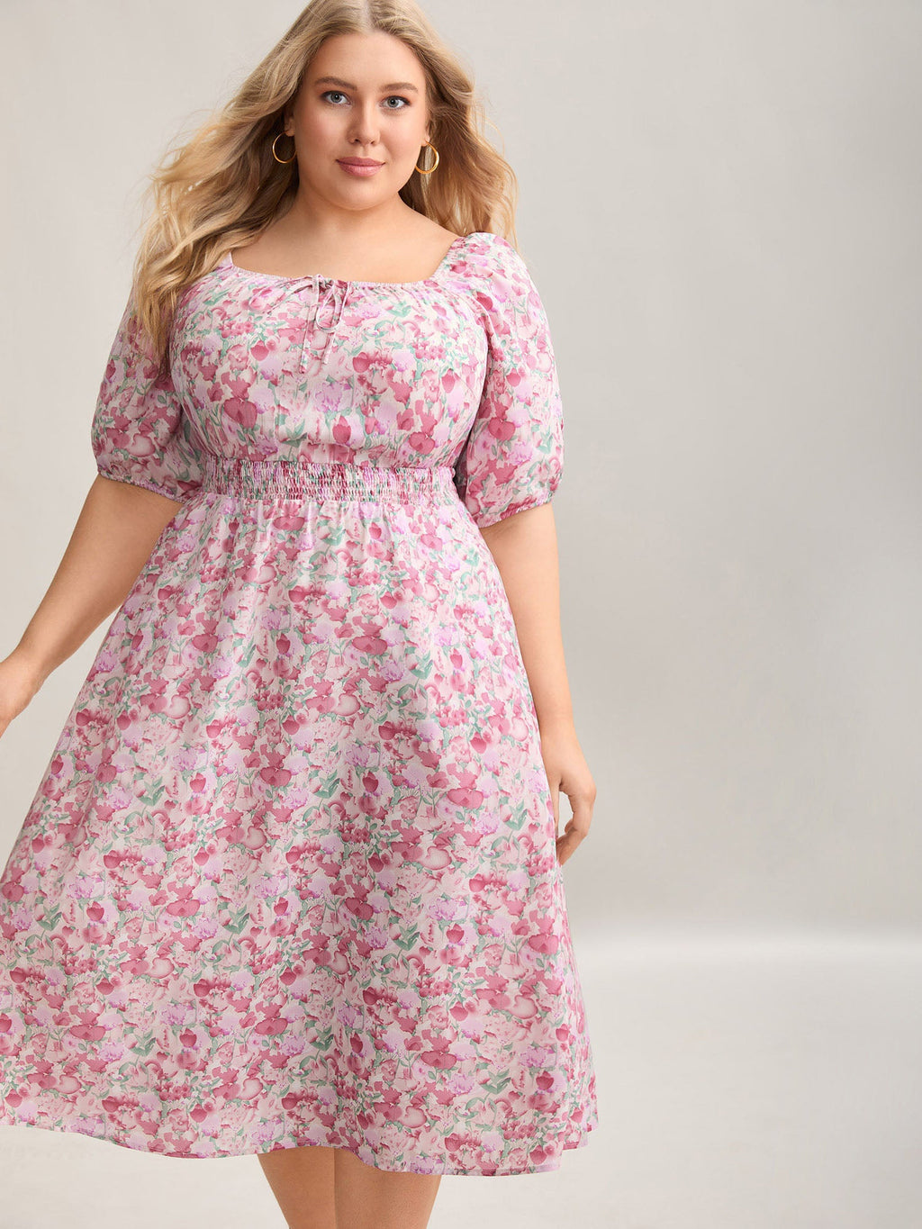 Floral Print Shirred Waist Pockets Midi Dress