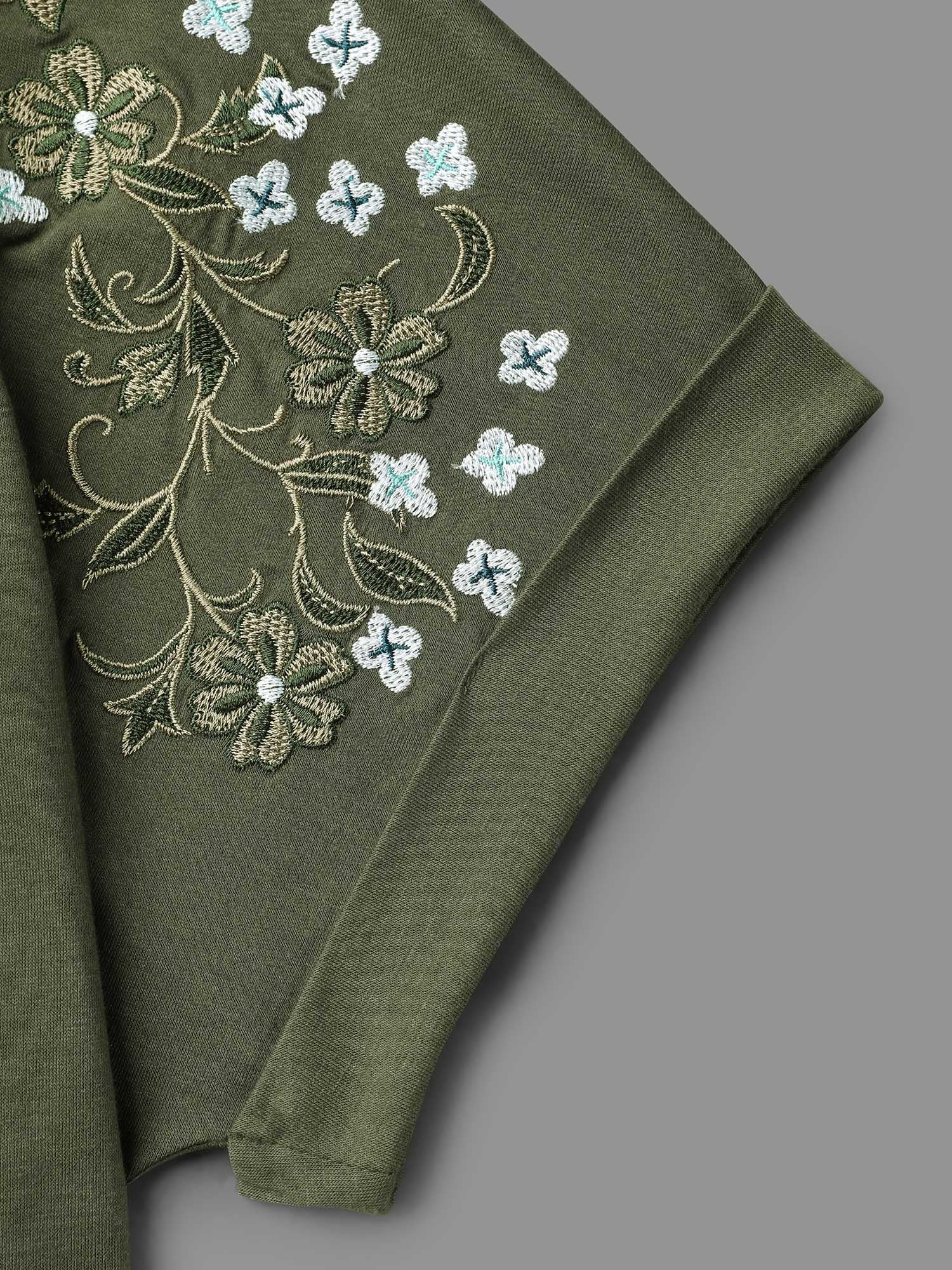 Stretchy Embroidered Drop Shoulder T-Shirt