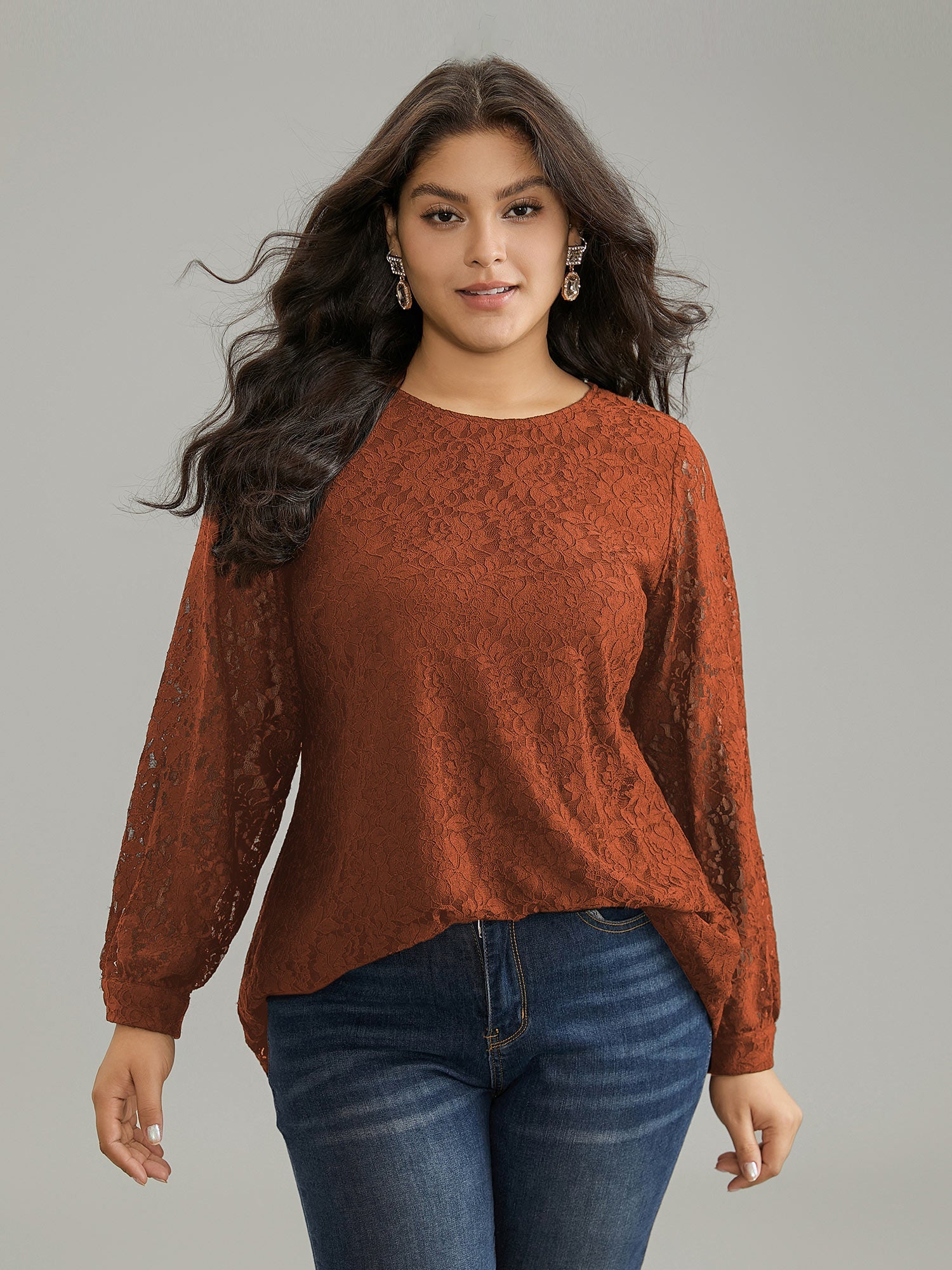 Solid Crochet Lace Mesh Crew Neck Blouse
