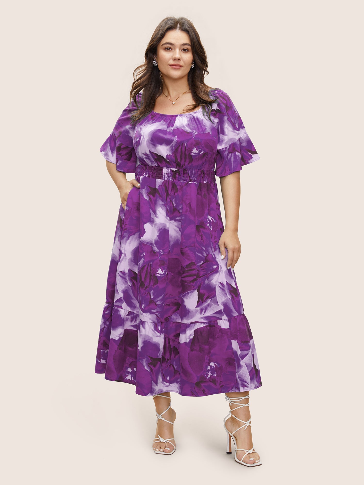 Square Neck Floral Shirred Ruffle Sleeve Dress