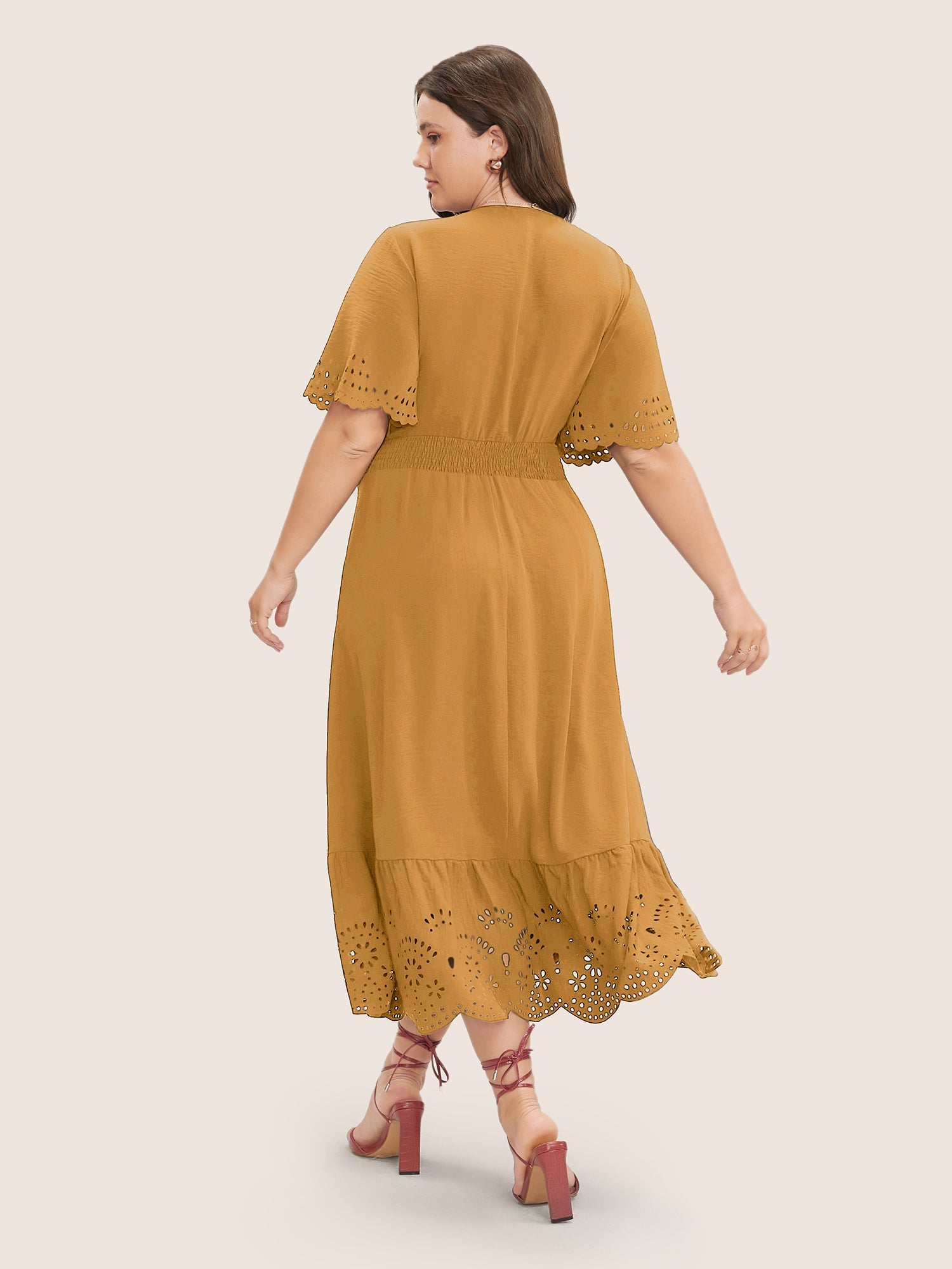 Solid Laser Cut Shirred Pocket Wrap Scalloped Trim Flutter Dress