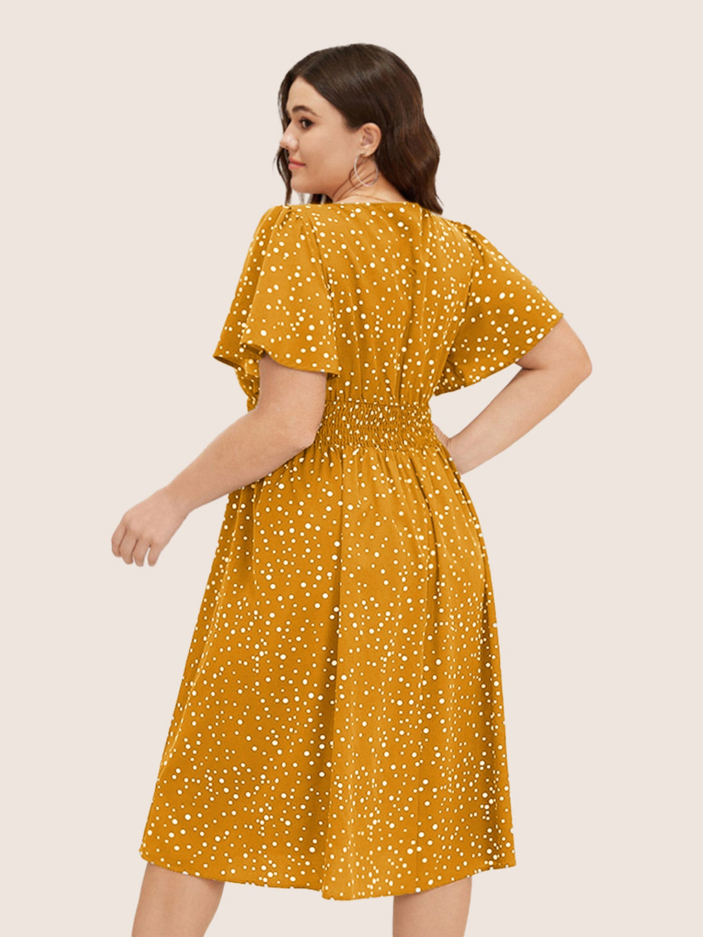 Polka Dot Wrap Pocket Shirred Ruffle Sleeve Dress