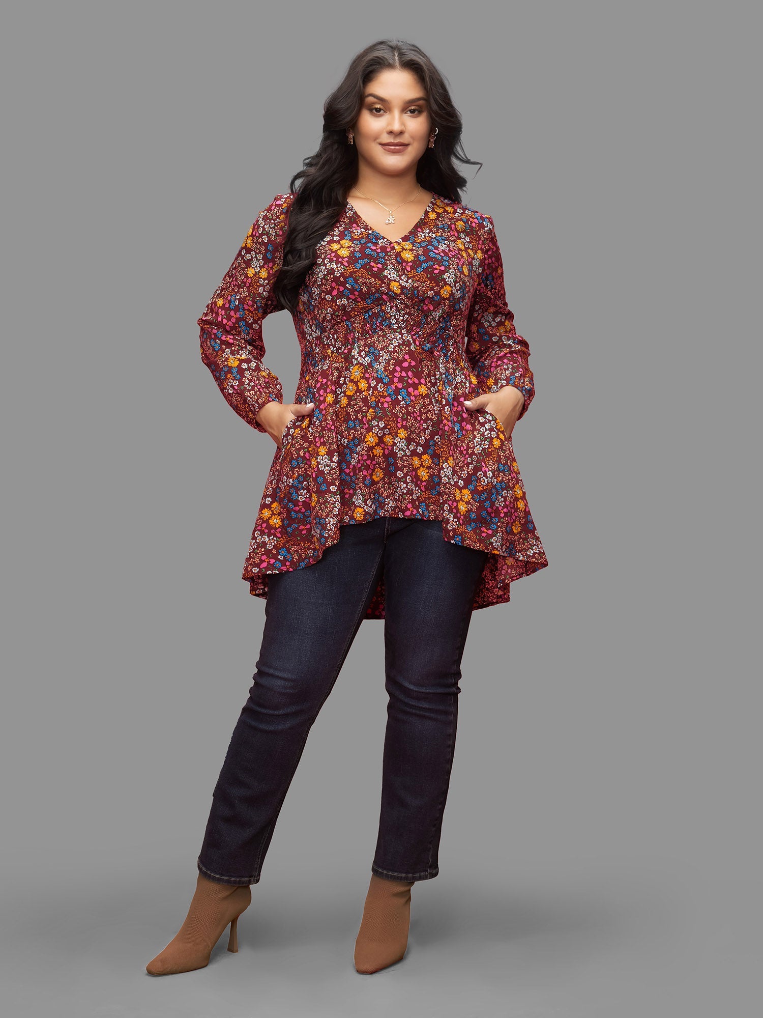 Floral Smocked Waistline Surplice Neck Blouse