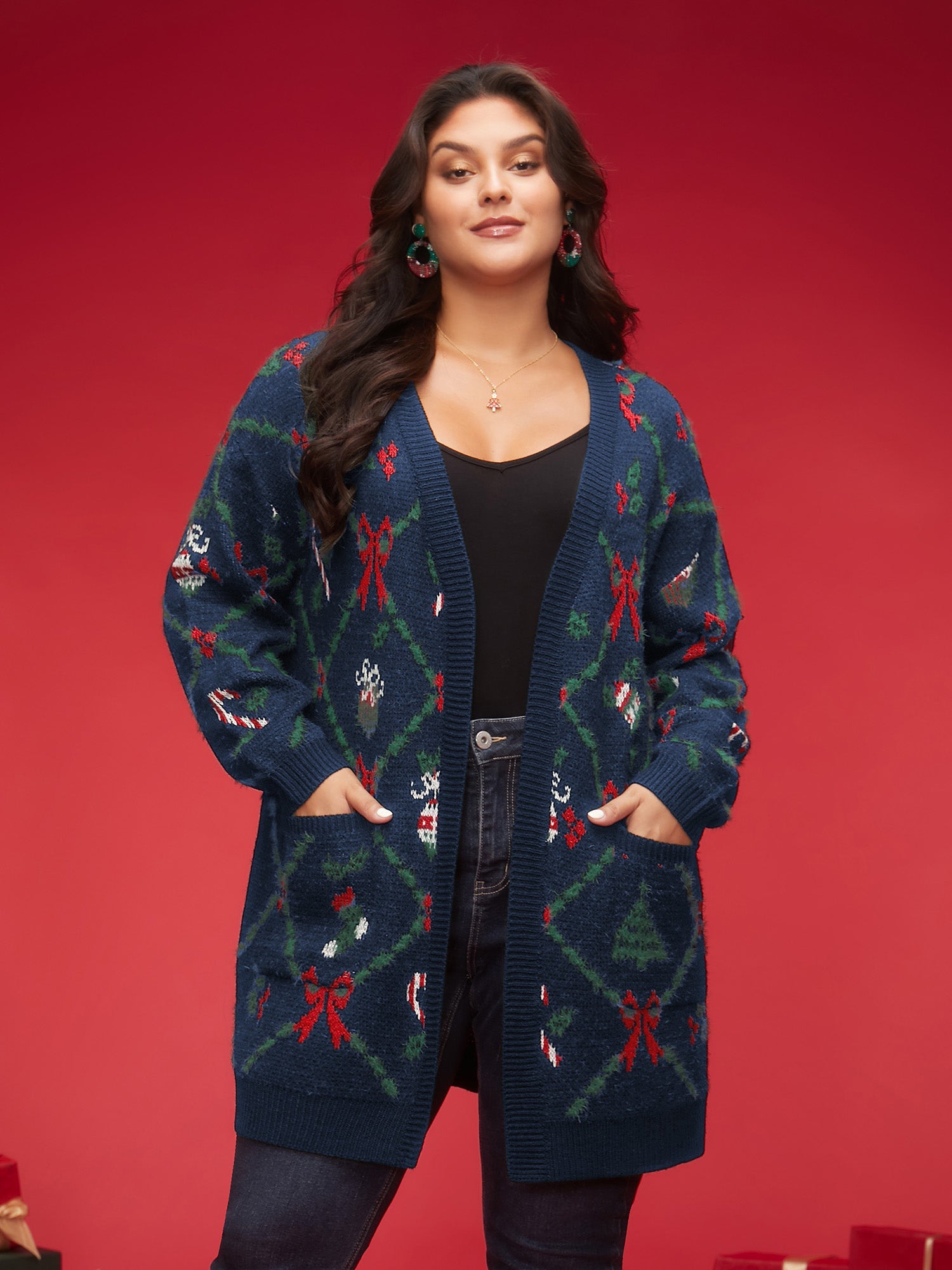 Festive Plaid Pattern Open-Front Cardigan