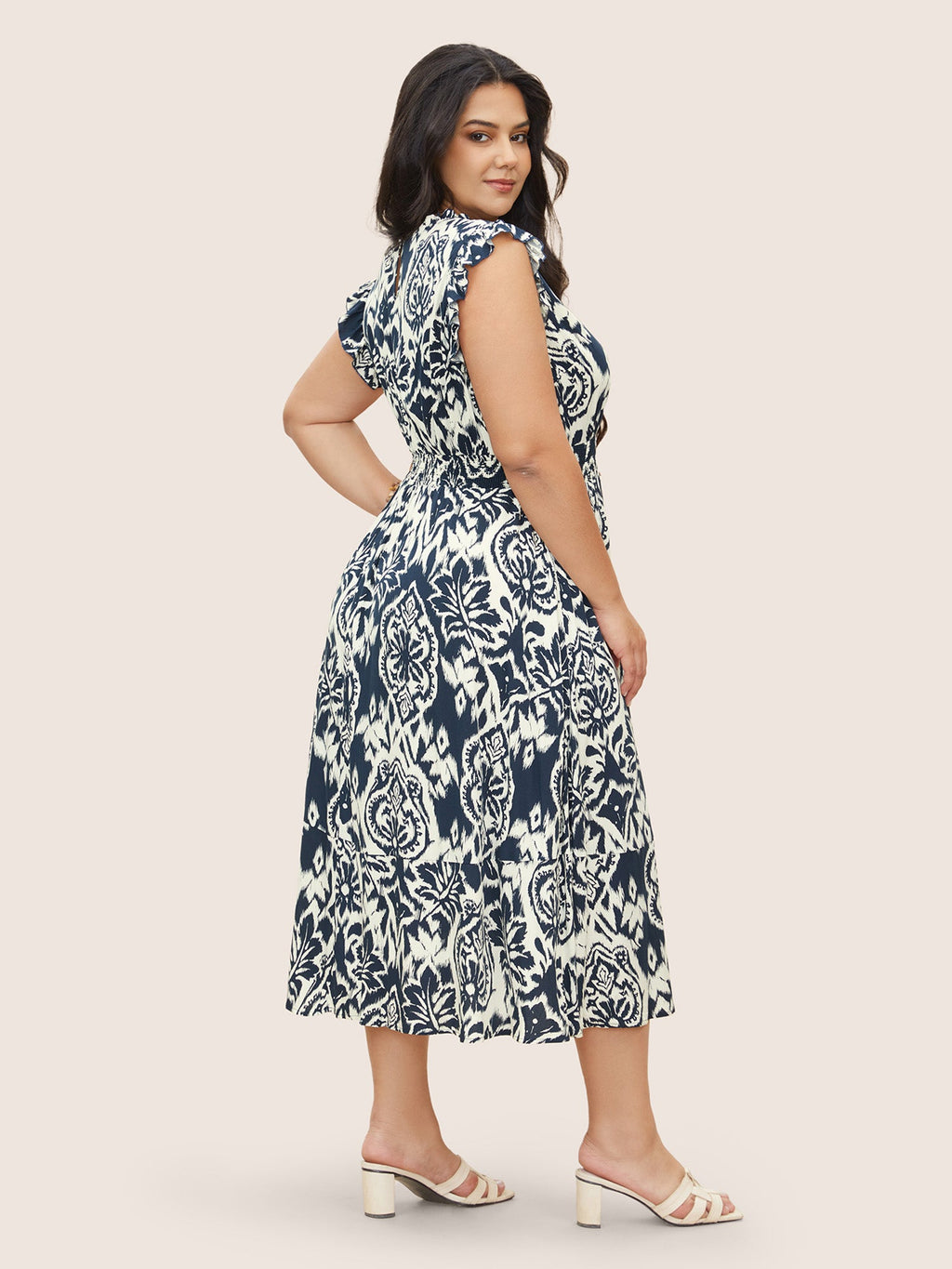 Boho Print Mock Neck Shirred Ruffle Cap Sleeve Dress