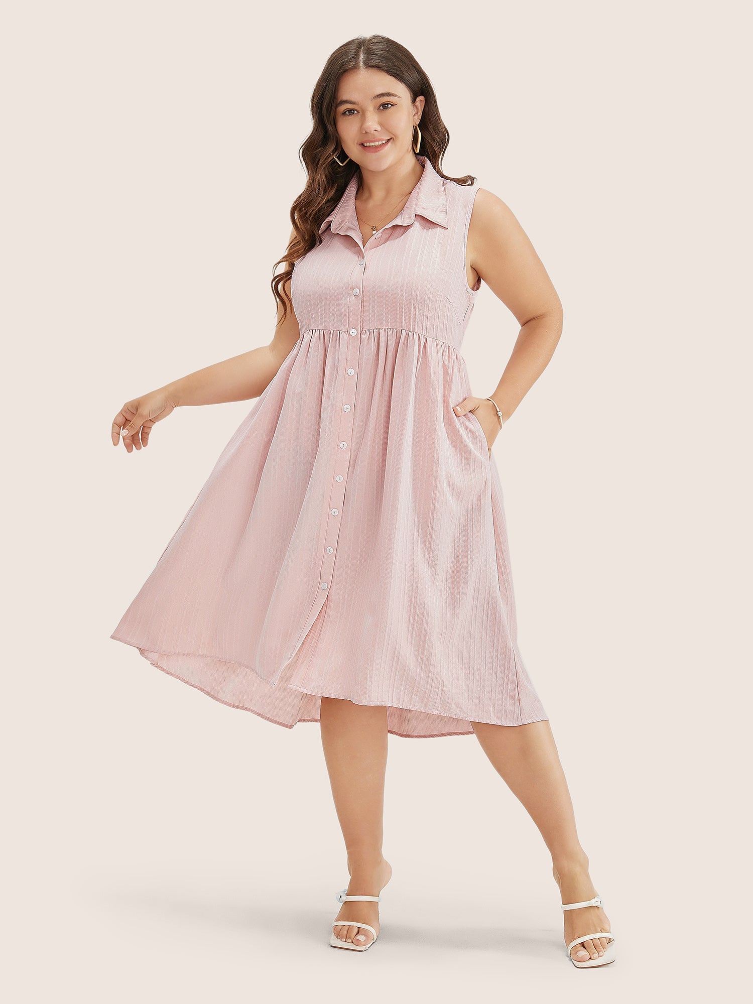 Solid Shirt Collar Ruffle Pocket High Low Hem Button Up Dress