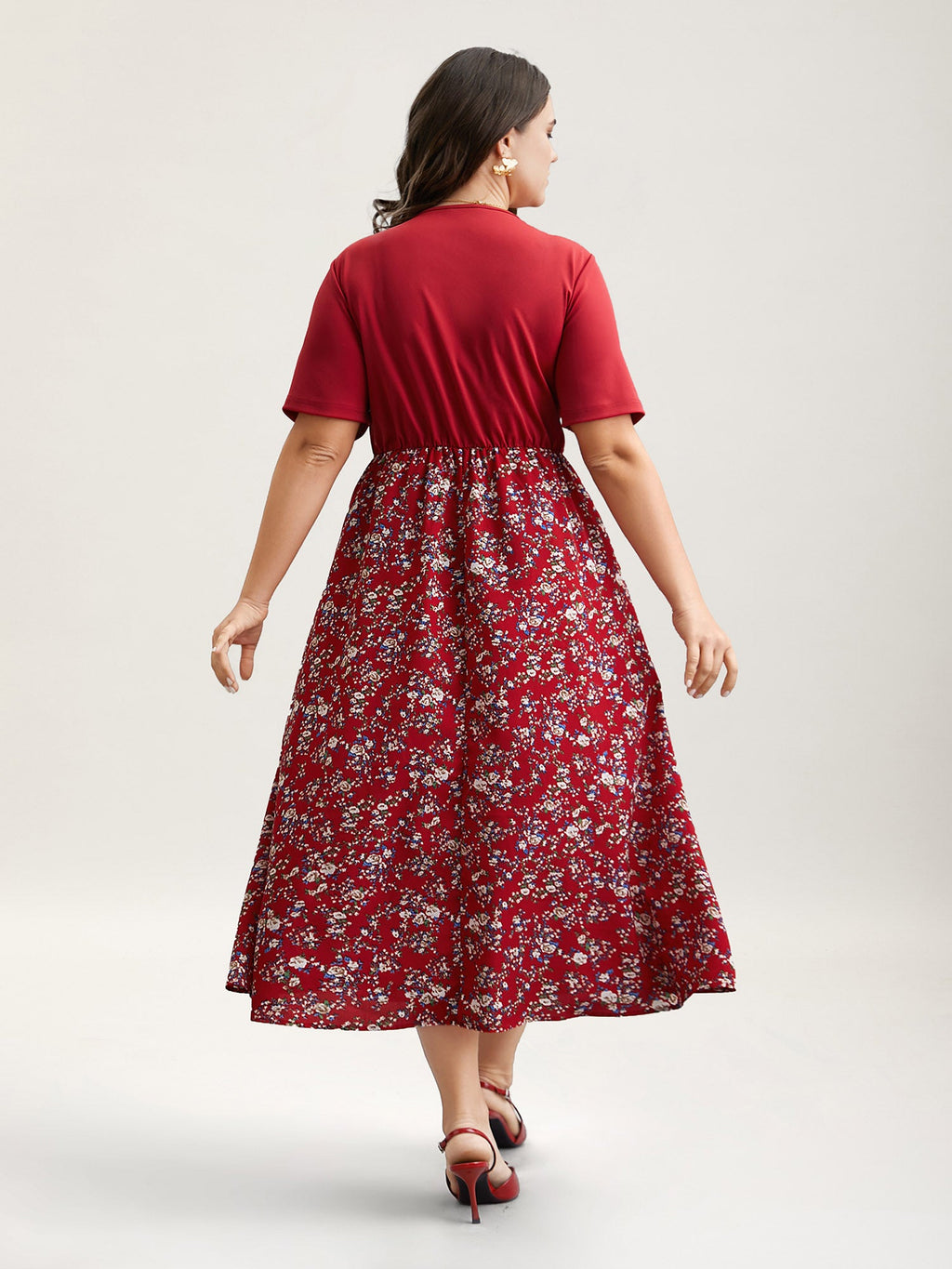Twist-Front V-Neck Stretchy Waist Midi Dress