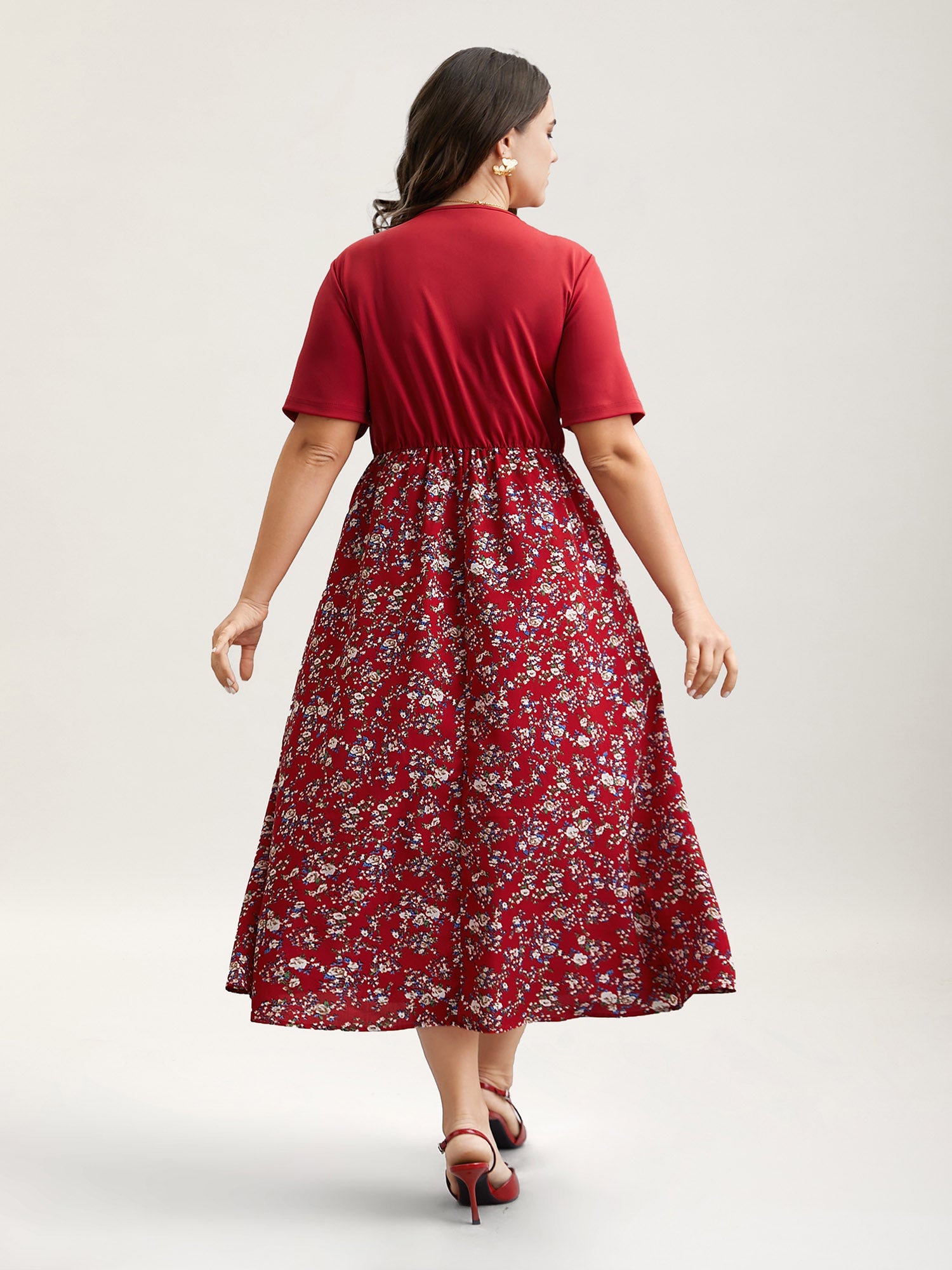 Twist-Front V-Neck Stretchy Waist Midi Dress