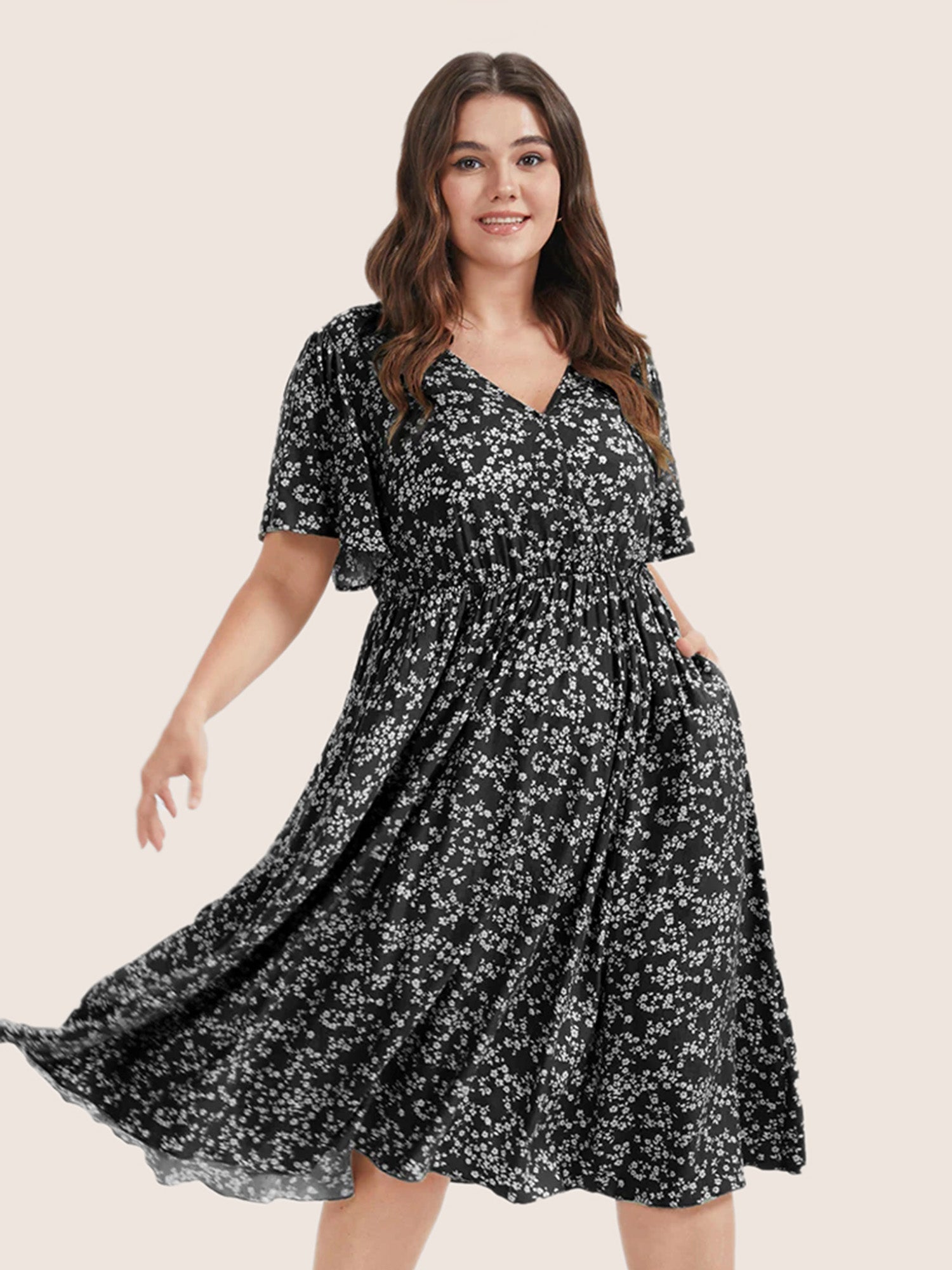 Bloom Dress - Ditsy Floral Elastic Waist Ruffles Pocket Knee Dress